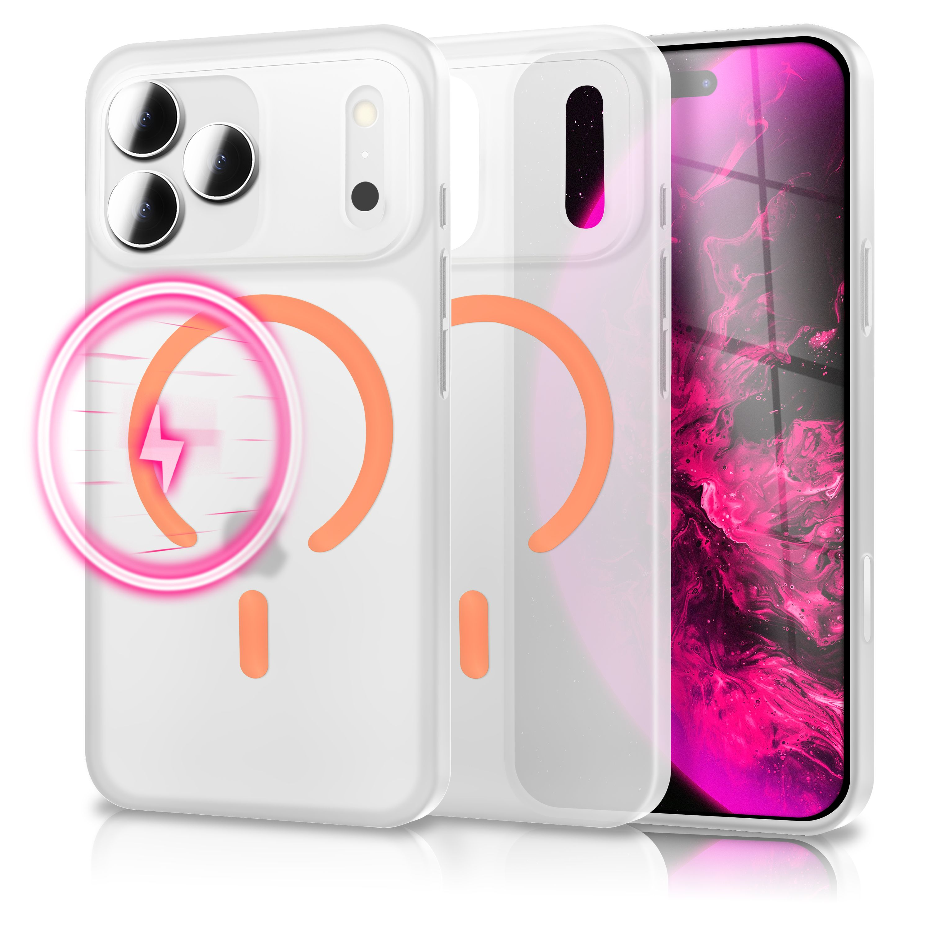 Ein weißes Telefon mit einer durchsichtigen Hülle, orangefarbenen Akzenten und einem rosa Ladesymbol. Ein Telefon mit pinkfarbenem und schwarzem Bildschirm.