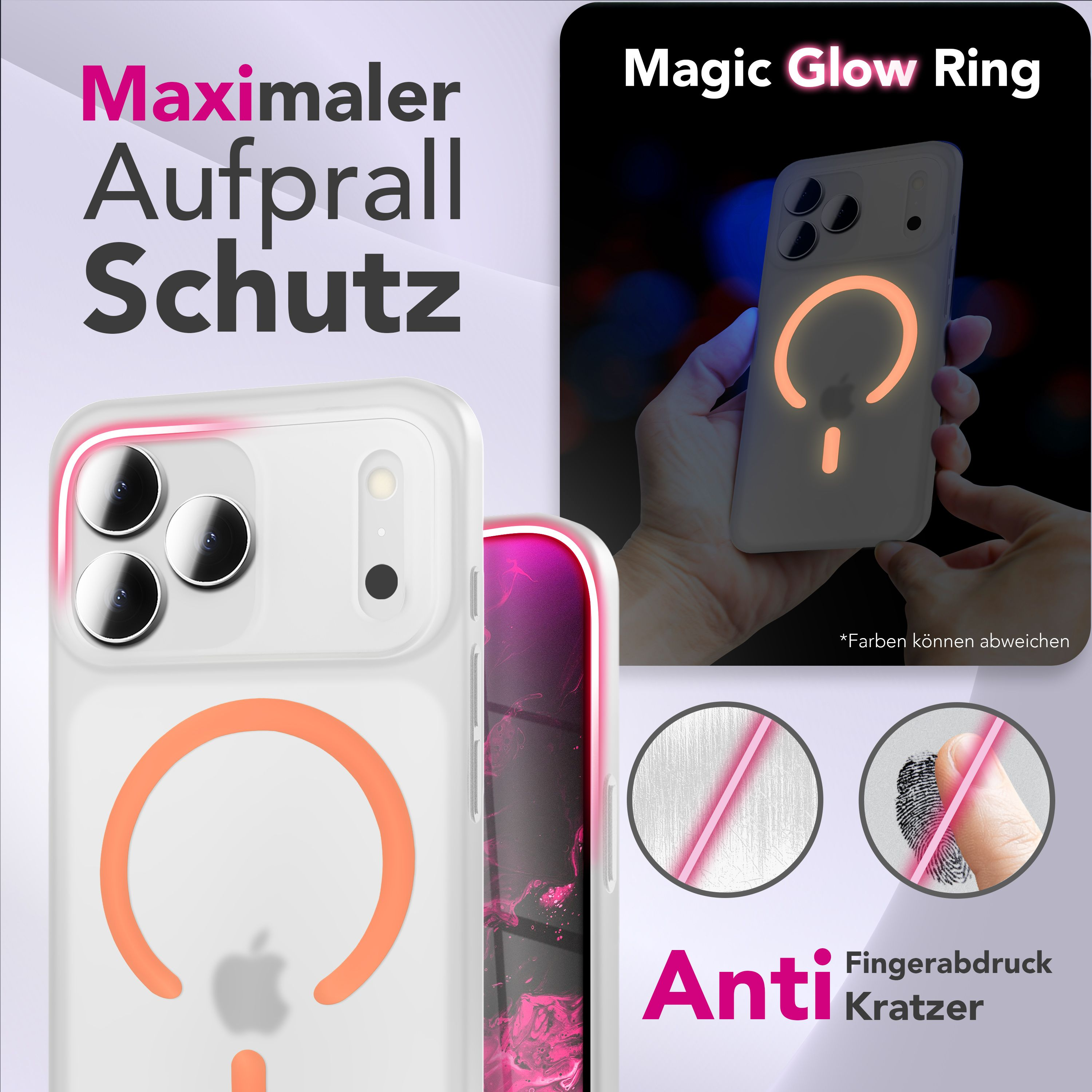 Handyhülle mit orangefarbenem Leuchtring, kratzfest, fingerabdruckresistent. Zeigt Telefon, Hand, Nahaufnahmen.