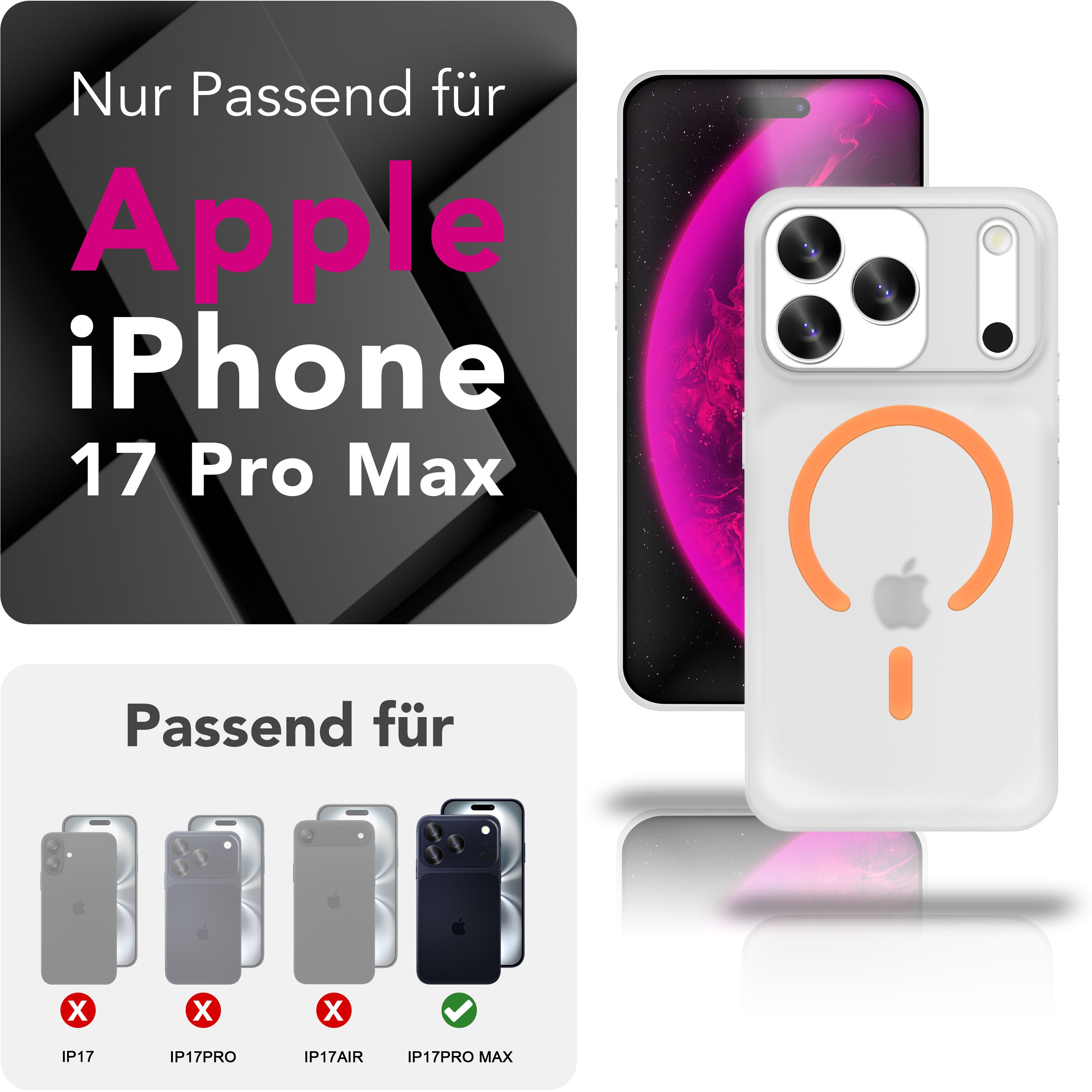 Bild zeigt ein iPhone 17 Pro Max mit weißer Hülle. Text weist auf Kompatibilität und Modellnamen hin.
