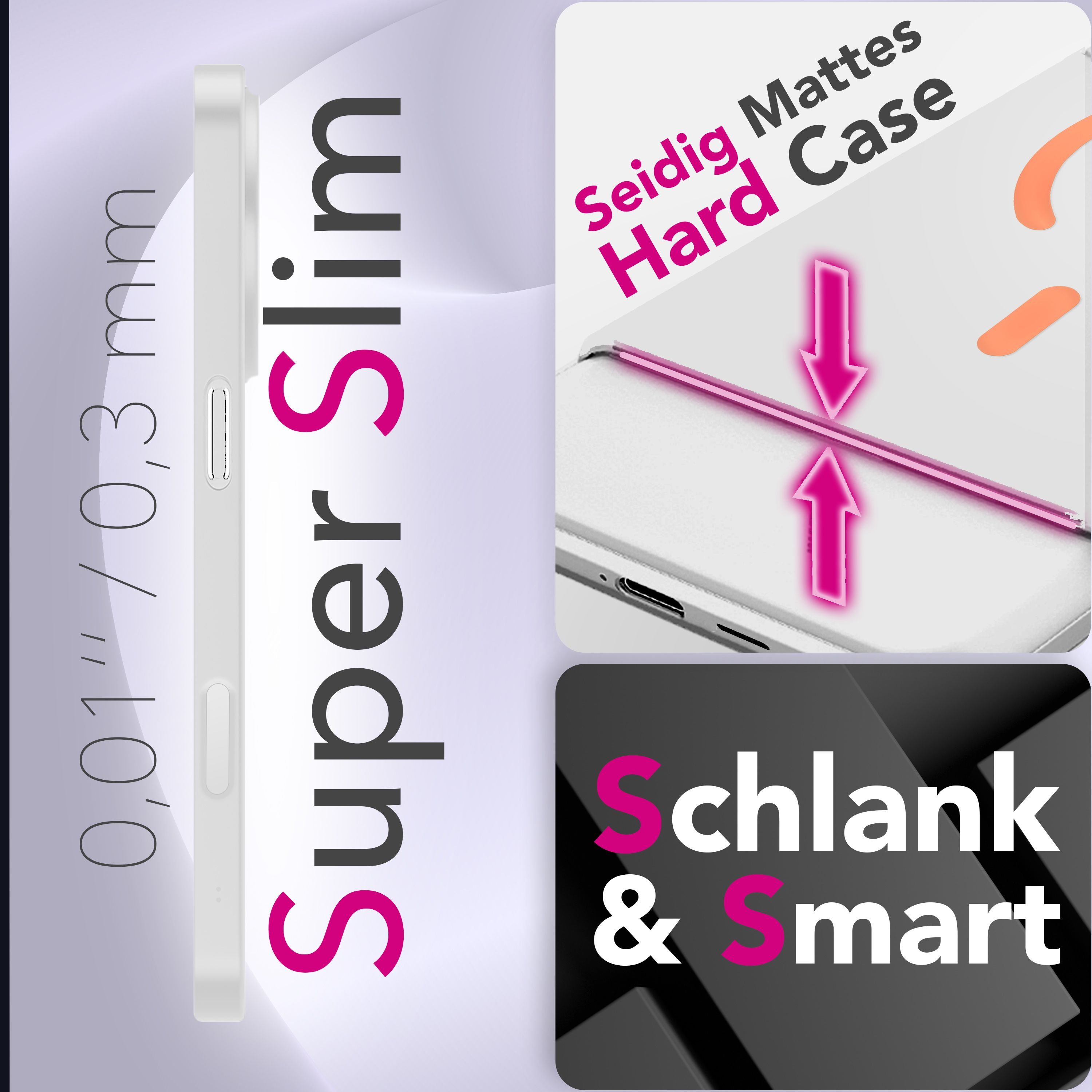 Eine weiße Handyhülle mit der Aufschrift 'Super Slim' und 'Seidig Mattes Hard Case'. Auch 'Schlank & Smart'.