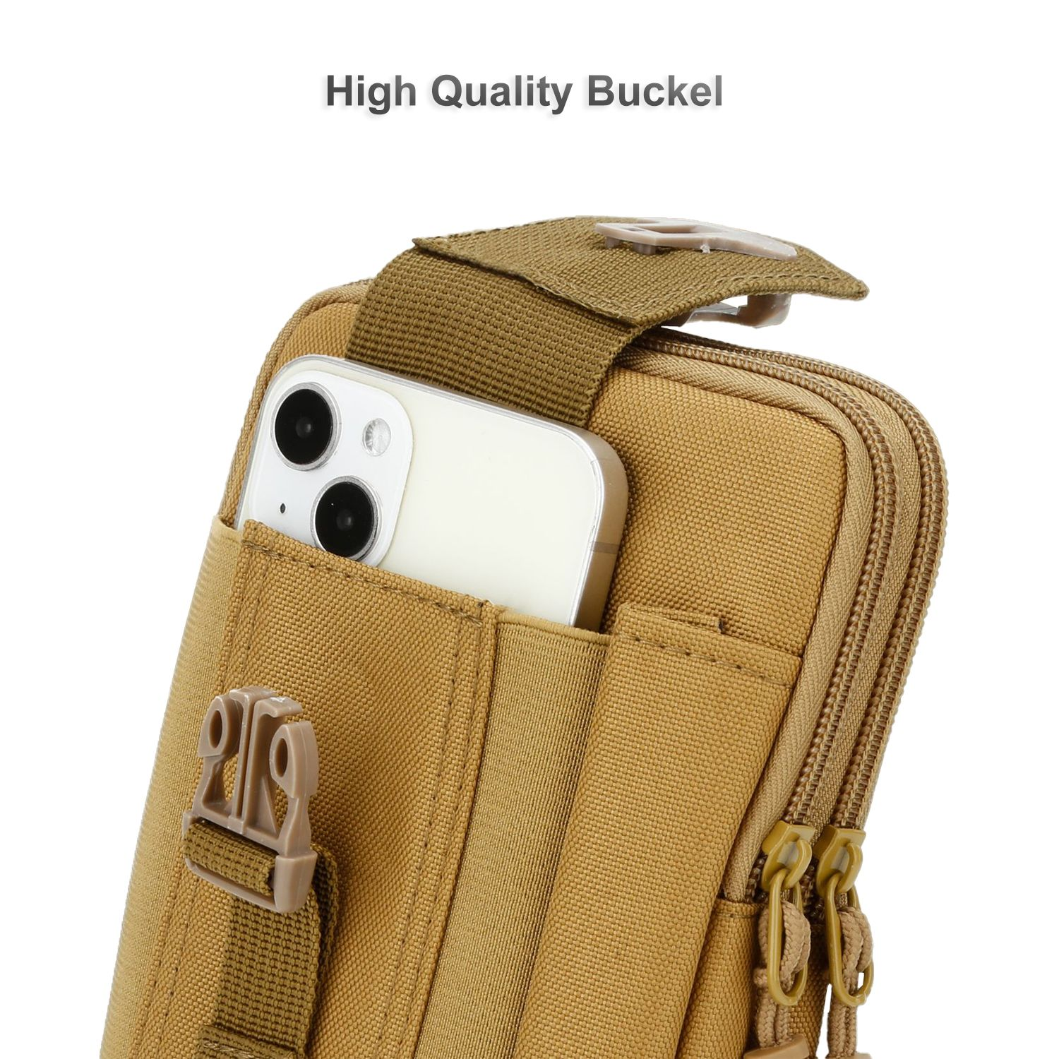 Eine hellbraune Telefontasche mit einem Telefon darin. Es hat eine Schnalle und Reißverschlüsse. Der Text "High Quality Buckel" steht darüber.