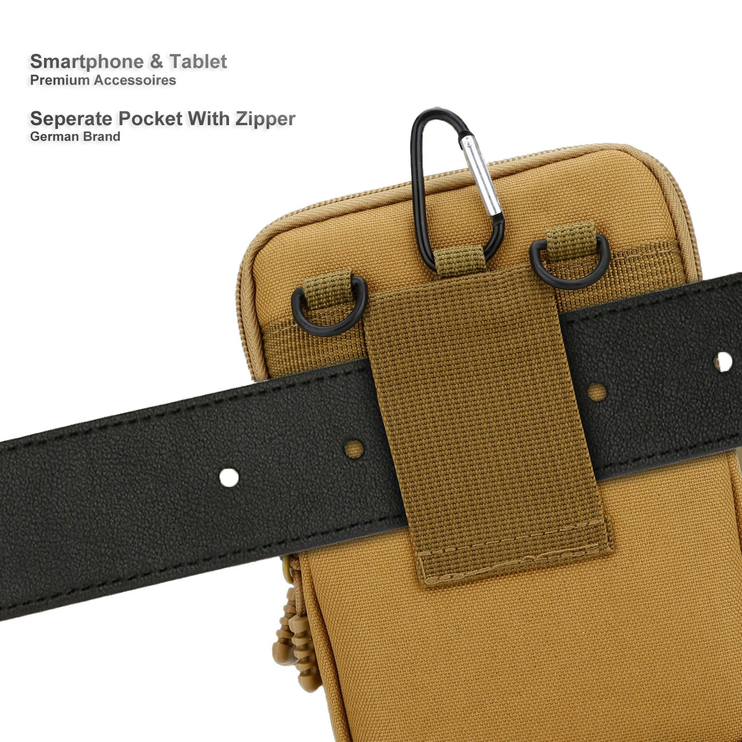 Eine hellbraune Tasche mit schwarzem Gürtel und Karabiner. Die Tasche hat einen Reißverschluss und einen Riemen. Text: Smartphone & Tablet.