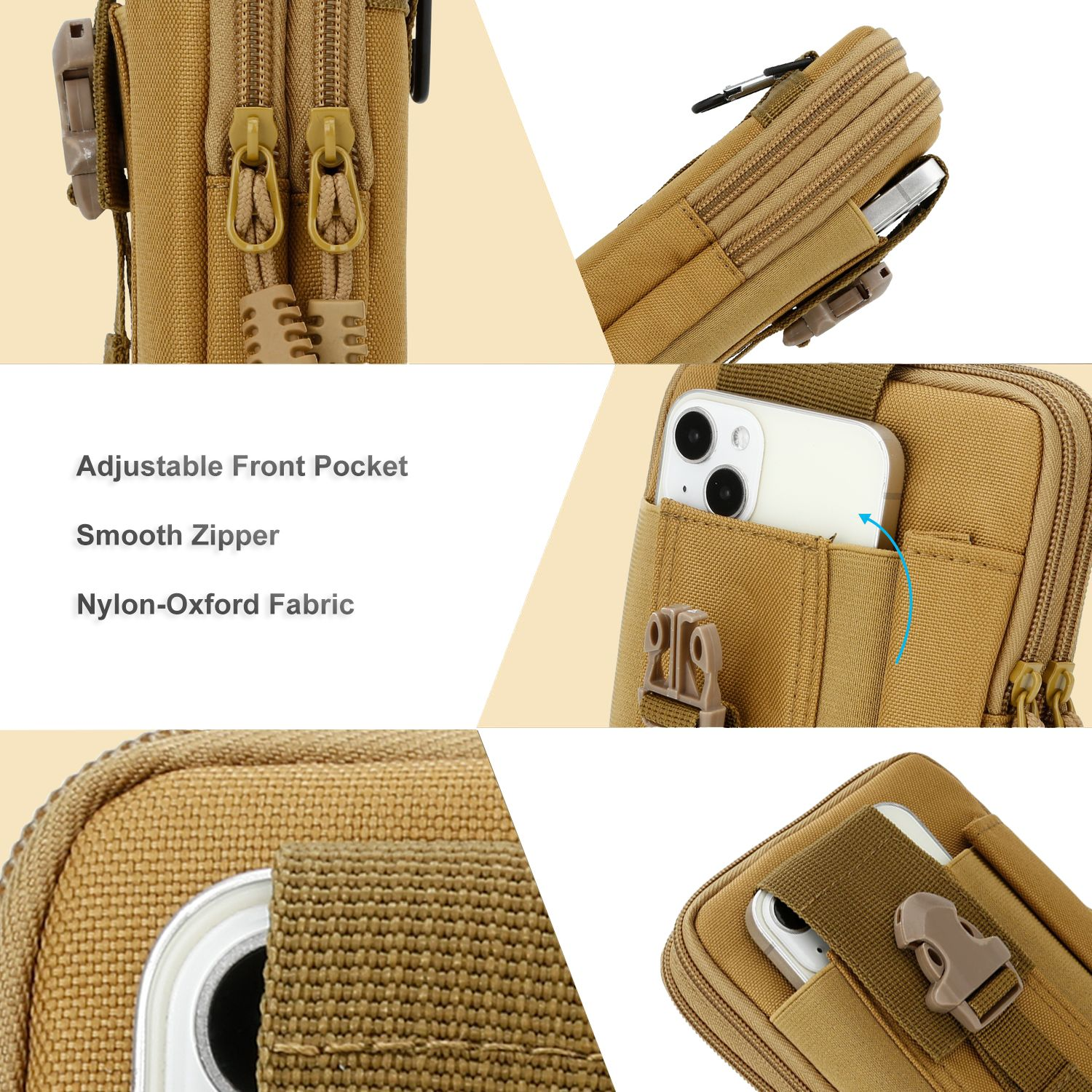 Eine hellbraune Nylontasche mit Reißverschlüssen, verstellbarer Fronttasche und einer Schnalle. Ein iPhone ist teilweise sichtbar.