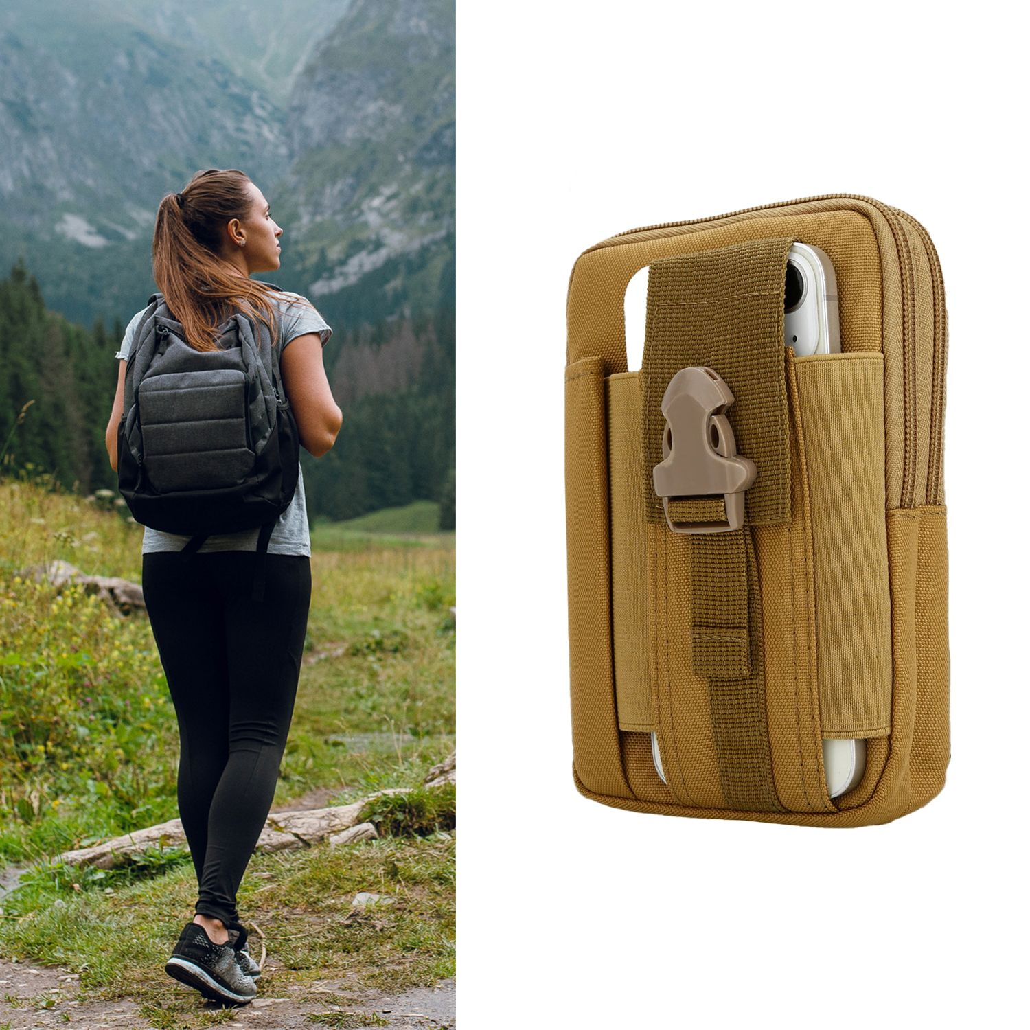 Eine Frau wandert in den Bergen und trägt einen Rucksack. Rechts befindet sich eine braune Tasche mit einem Telefon.