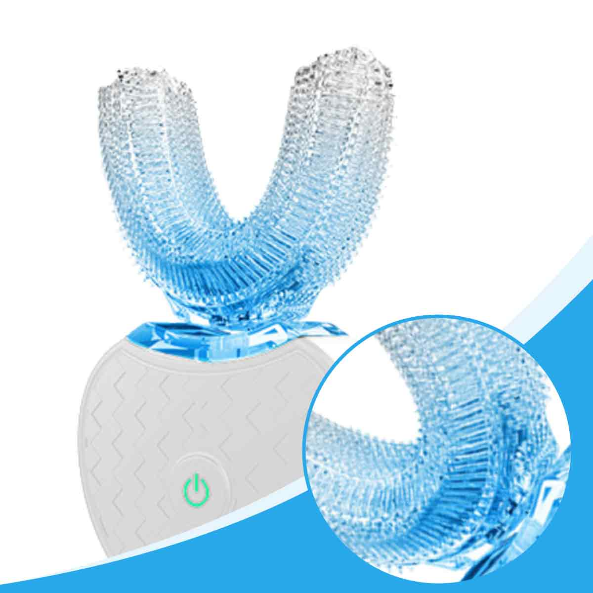 Eine U-förmige elektrische Zahnbürste mit weißer Basis. Die Bürstenköpfe sind transparent mit blauen Borsten. Auf der Basis befindet sich ein Ein- / Ausschalter.