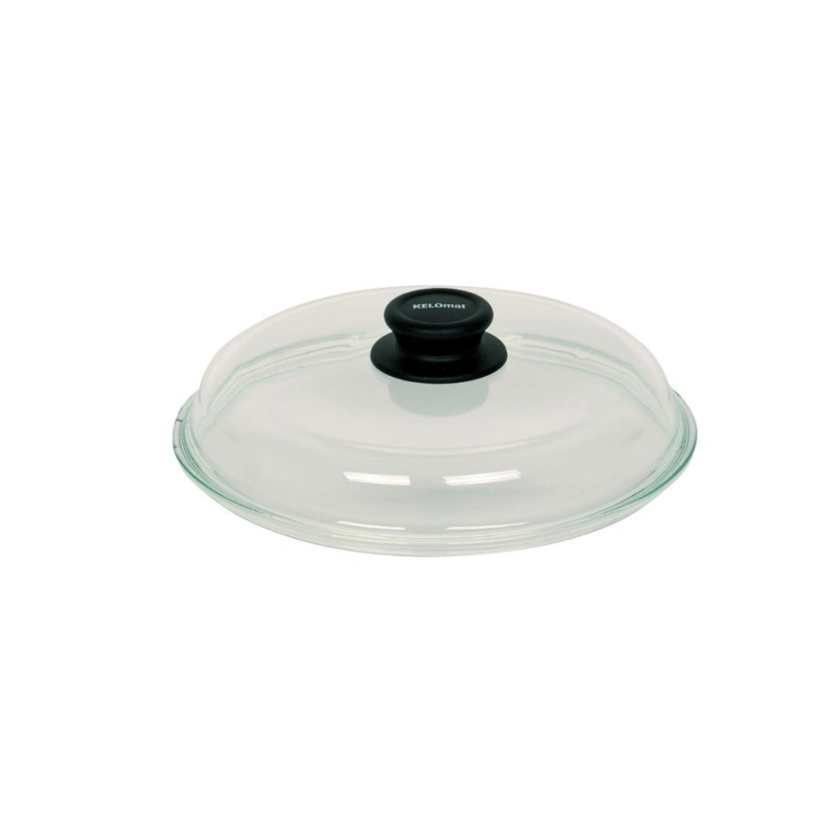 Ein klarer Glasdeckel mit schwarzem Knopf. Der Deckel ist rund und der Knopf trägt das Wort "KELOMat". Weißer Hintergrund.