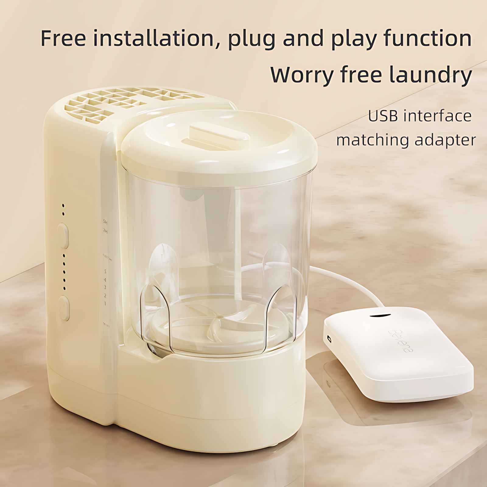 Ein beiges Waschgerät mit transparentem Behälter, verbunden mit einem weißen Adapter. Text lautet 'Plug and Play'.