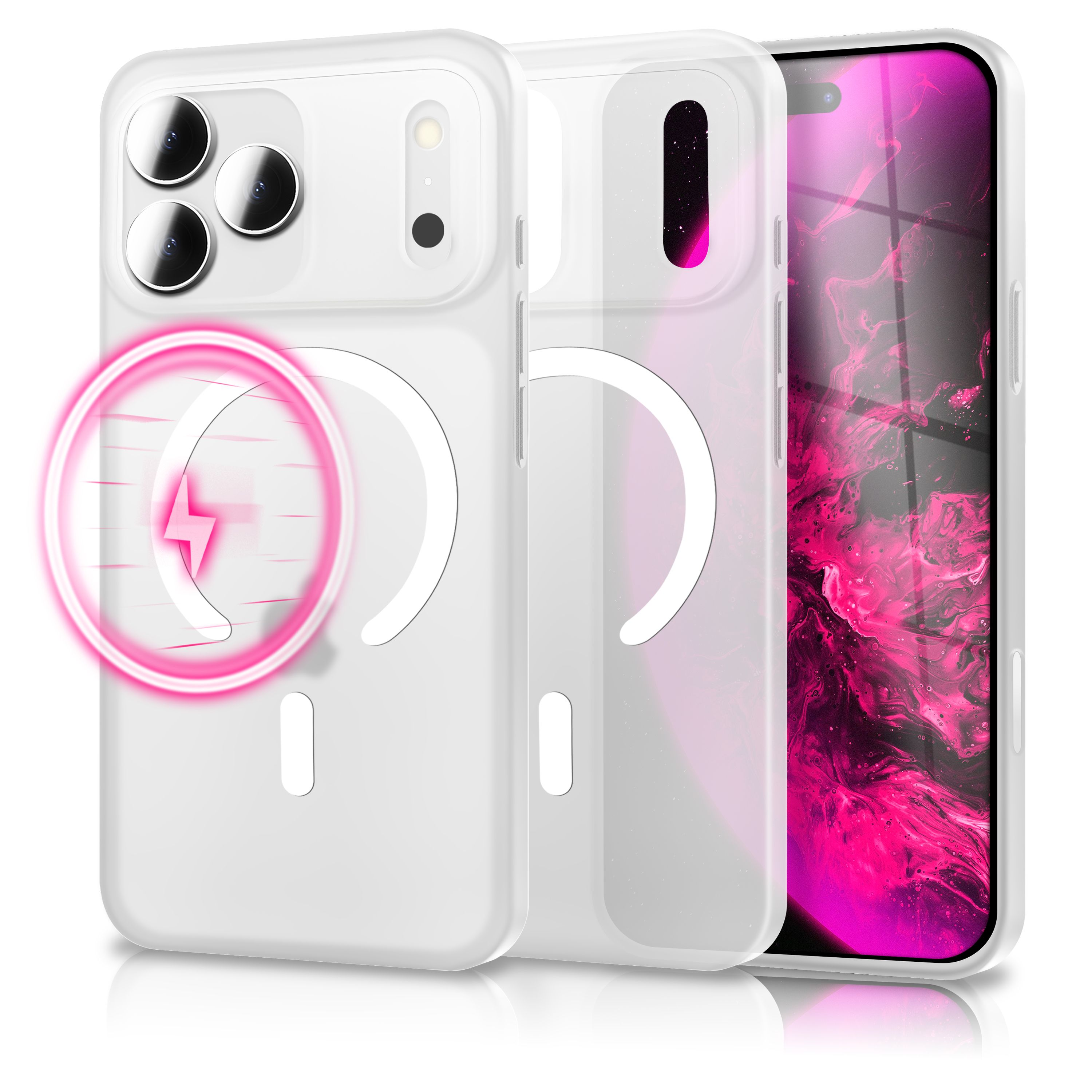 Eine weiße Handyhülle mit rosa Akzenten. Der Bildschirm zeigt ein rosa abstraktes Design.