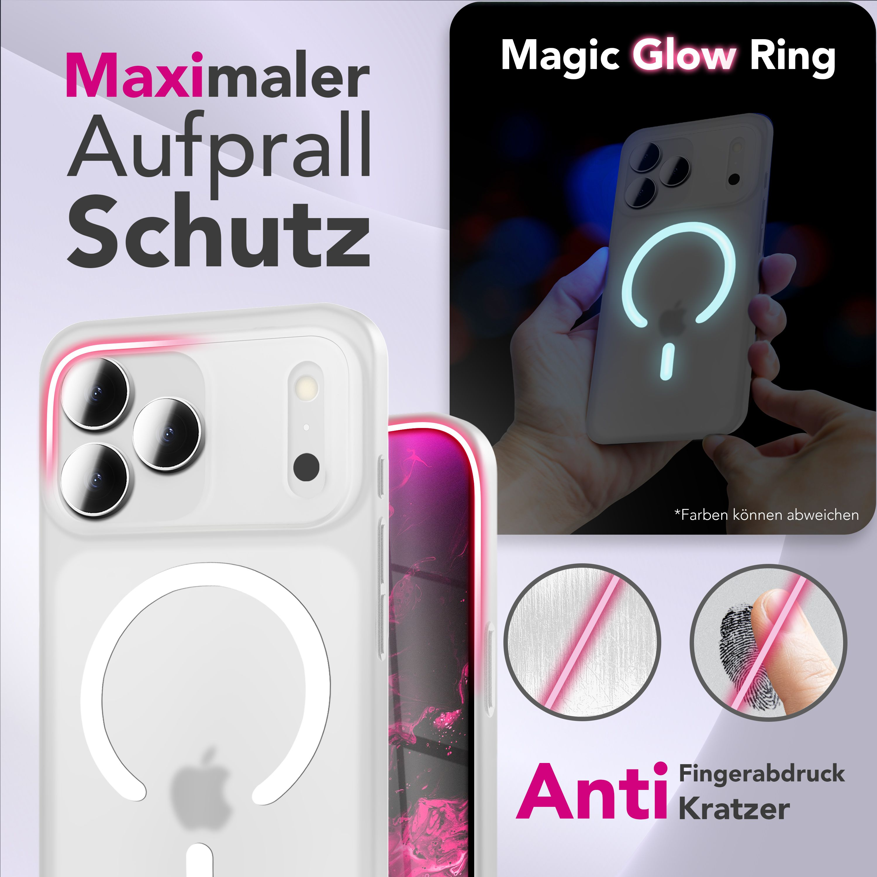 Das Bild zeigt eine Handyhülle mit einem leuchtenden Ring. Text sagt 'Magic Glow Ring'. Außerdem 'Anti-Fingerprint' und 'Kratzer'.