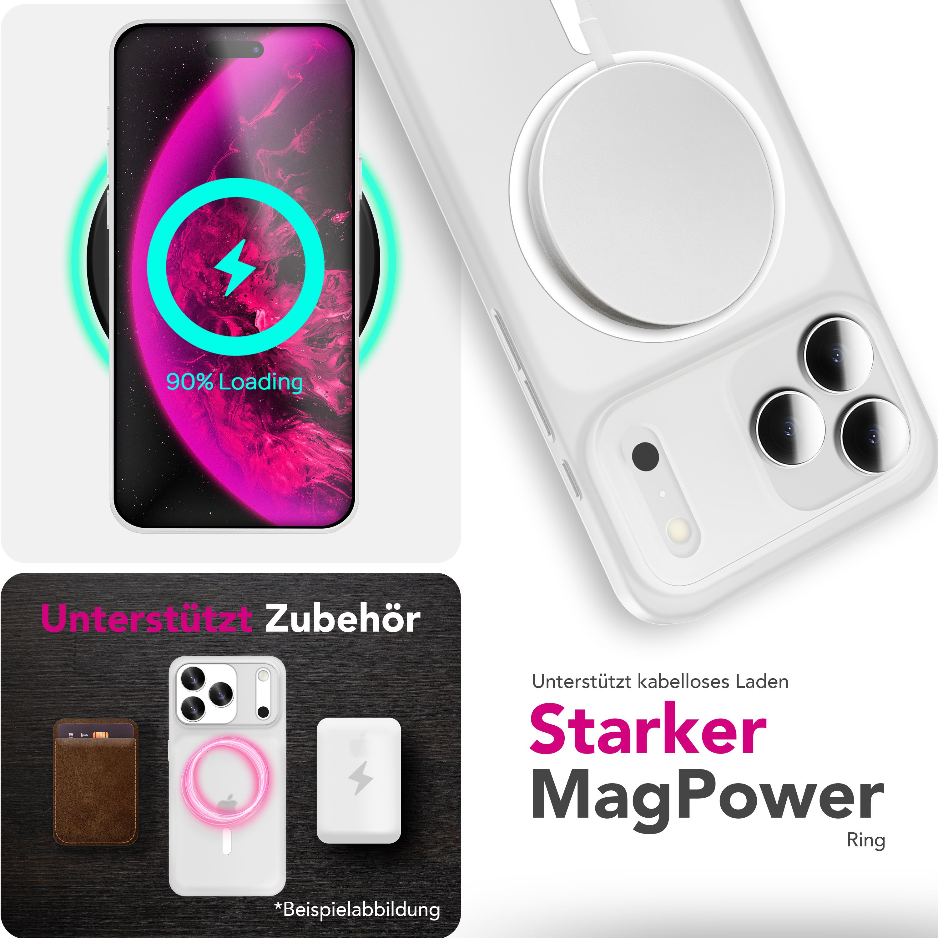 Ein Telefon wird kabellos aufgeladen, ein Gehäuse und Zubehör werden gezeigt. Ein MagSafe-Ring wird für seine Stärke hervorgehoben.