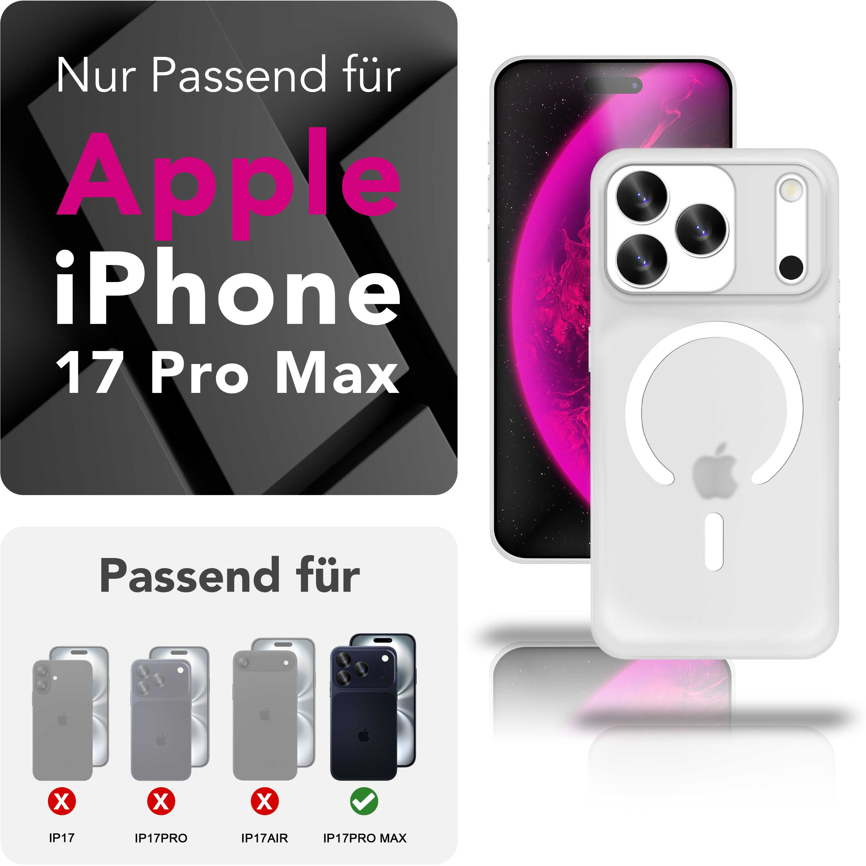 Ein iPhone 17 Pro Max und eine weiße Handyhülle sind abgebildet. Text zeigt Kompatibilität. Andere Modelle sind mit roten X markiert.