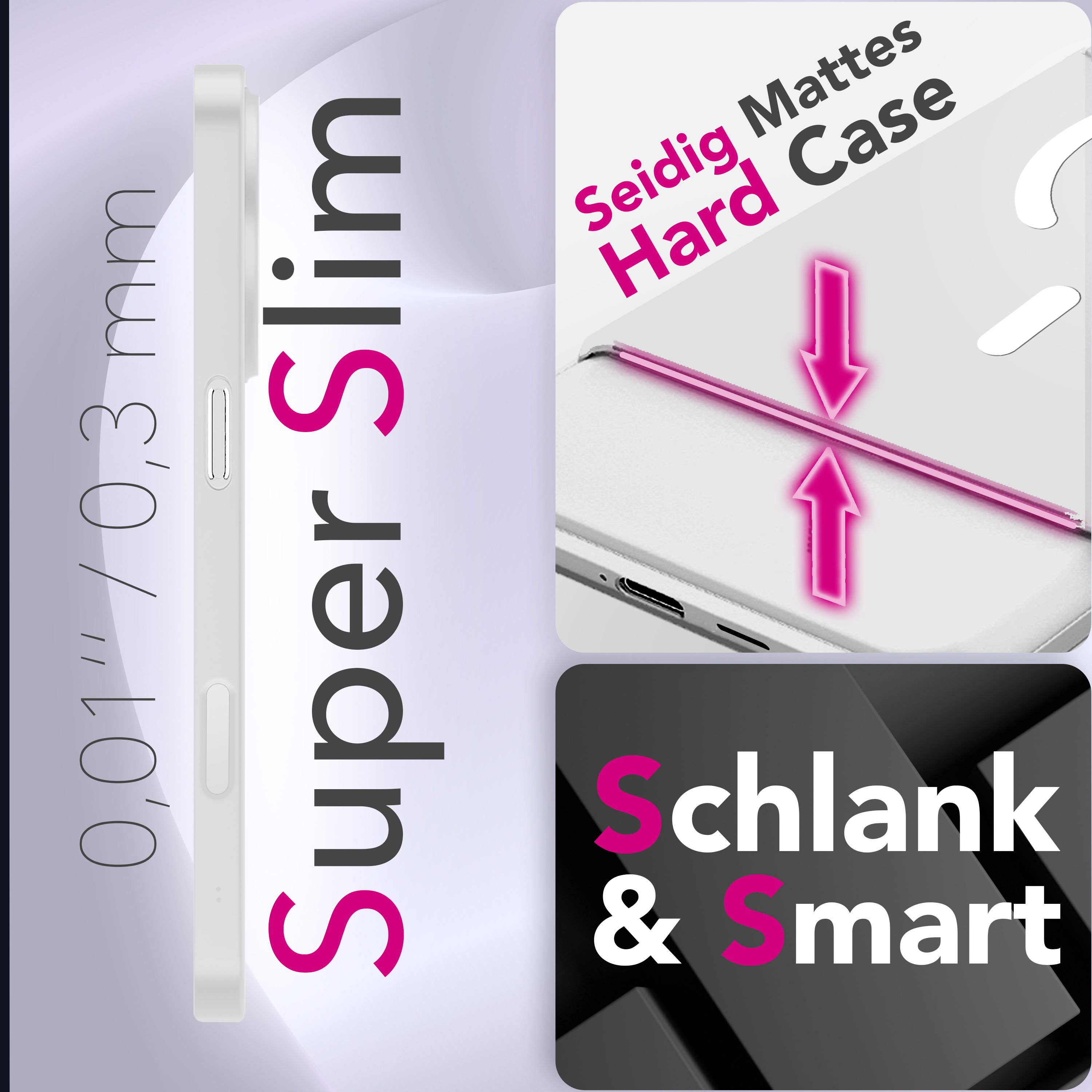 Weißes Handycase neben Text mit Super Slim. Case ist 0,01" / 0,3 mm. Anderer Text sagt Seidig Mattes Hard Case.