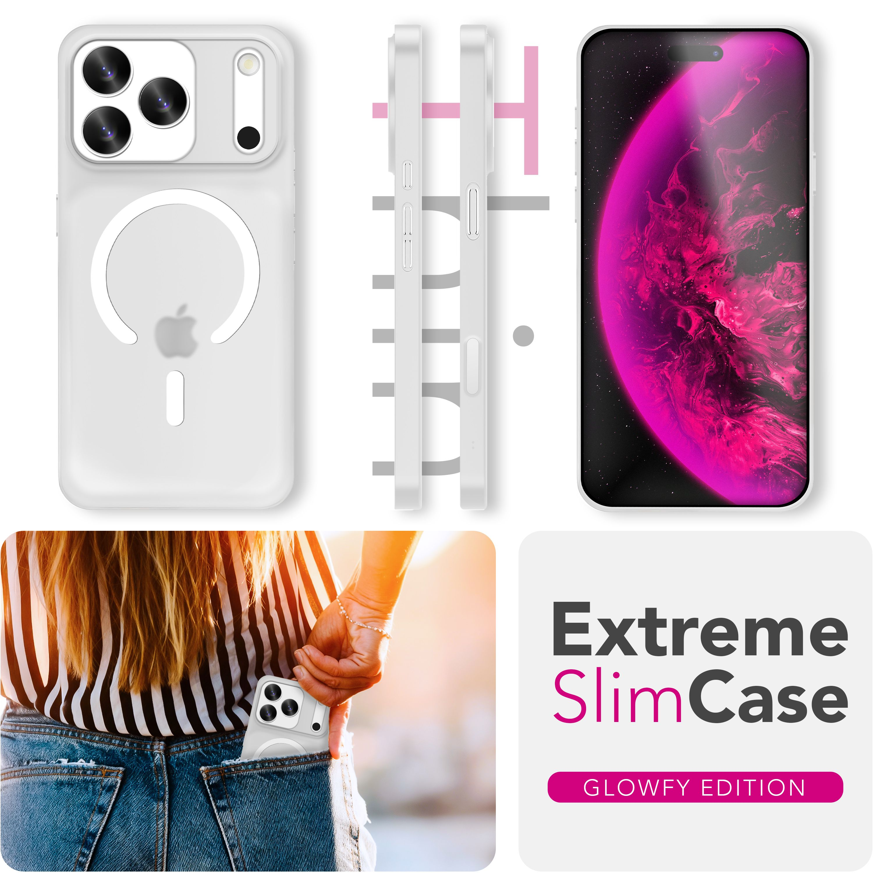 Das Bild zeigt Handyhüllen, ein Handy mit einem rosa Muster und eine Person mit einem Handy in der Tasche. Der Text lautet 'Extreme SlimCase'.