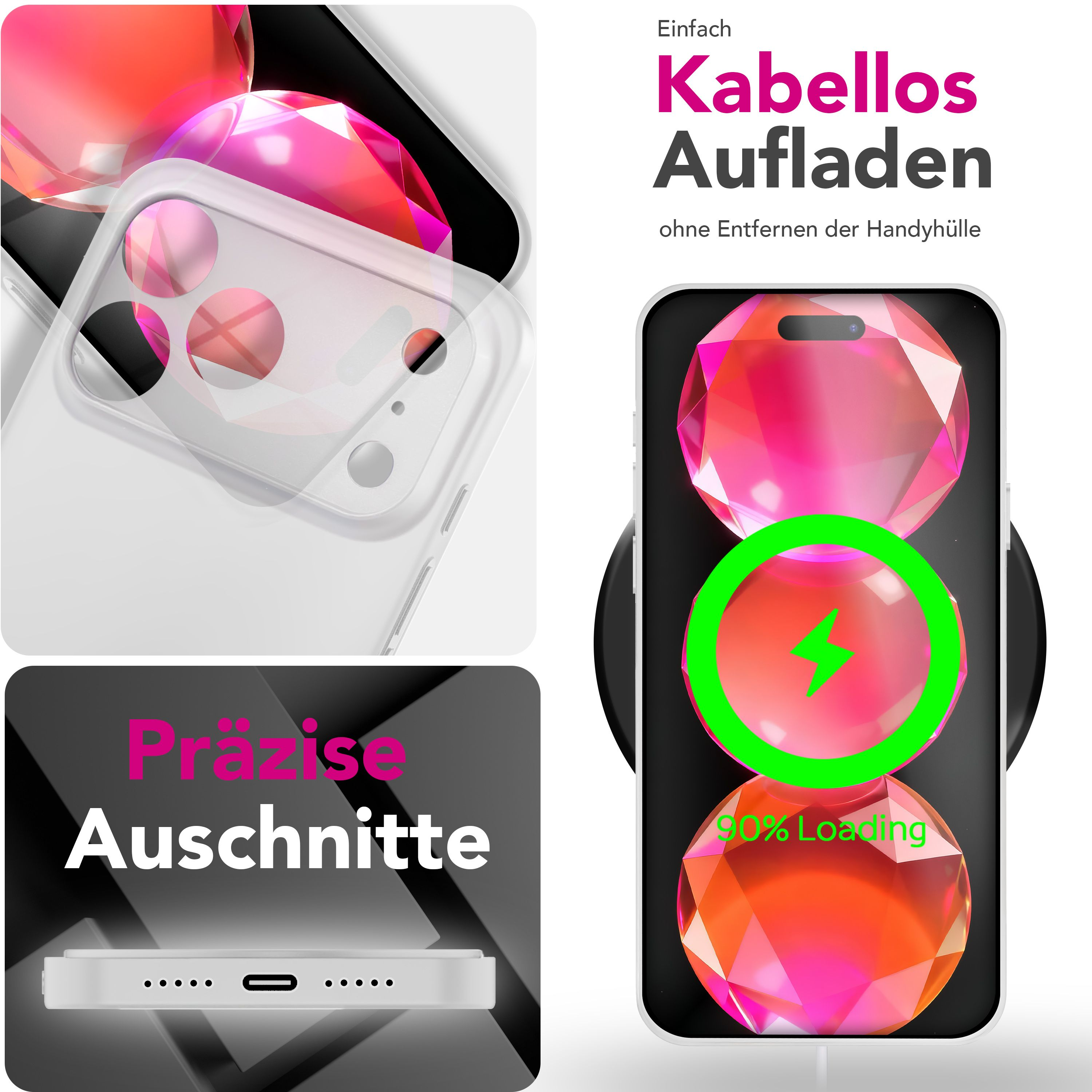 Das Bild zeigt ein kabelloses Aufladen des Telefons. Das Telefon hat einen Bildschirm, der ein Ladesymbol und einen Ladeanteil anzeigt.