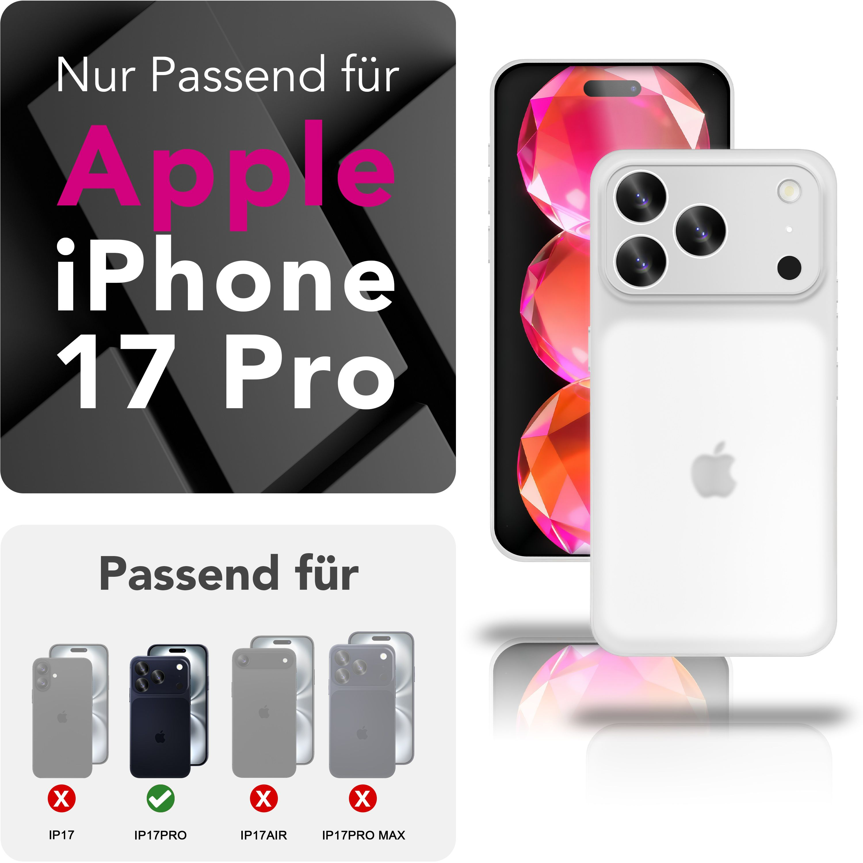 Das Bild zeigt ein iPhone 17 Pro mit weißer Hülle. Text sagt 'Nur Passend für Apple iPhone 17 Pro'.