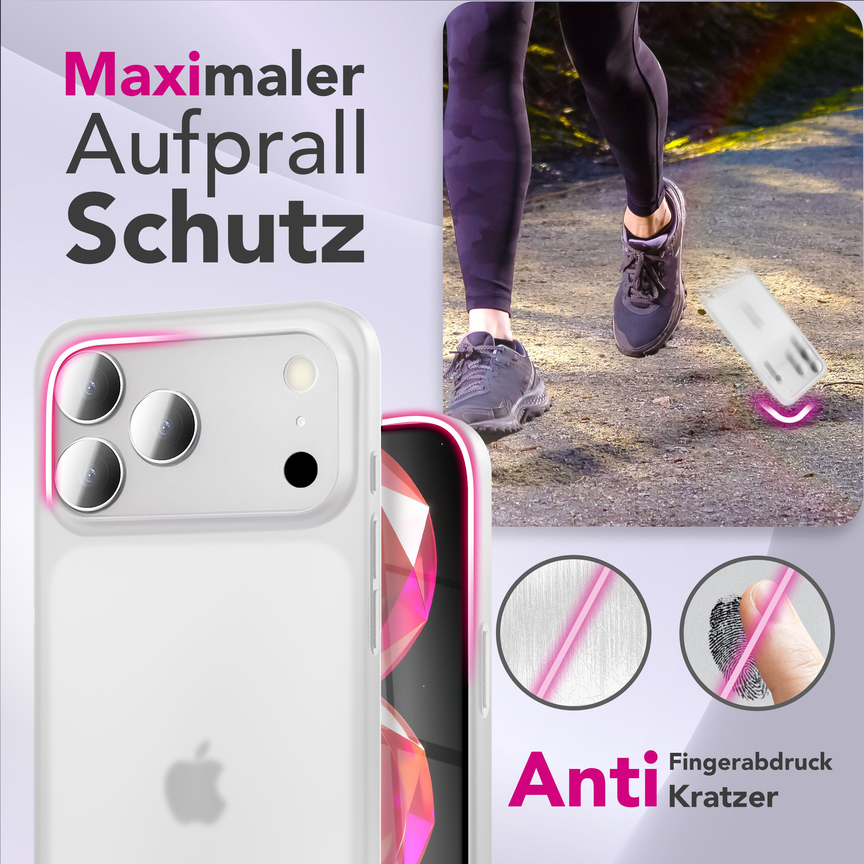 Bild zeigt eine Handyhülle mit einem Läufer im Hintergrund. Text lautet 'Maximaler Aufprall Schutz' und 'Anti Fingerabdruck Kratzer'.