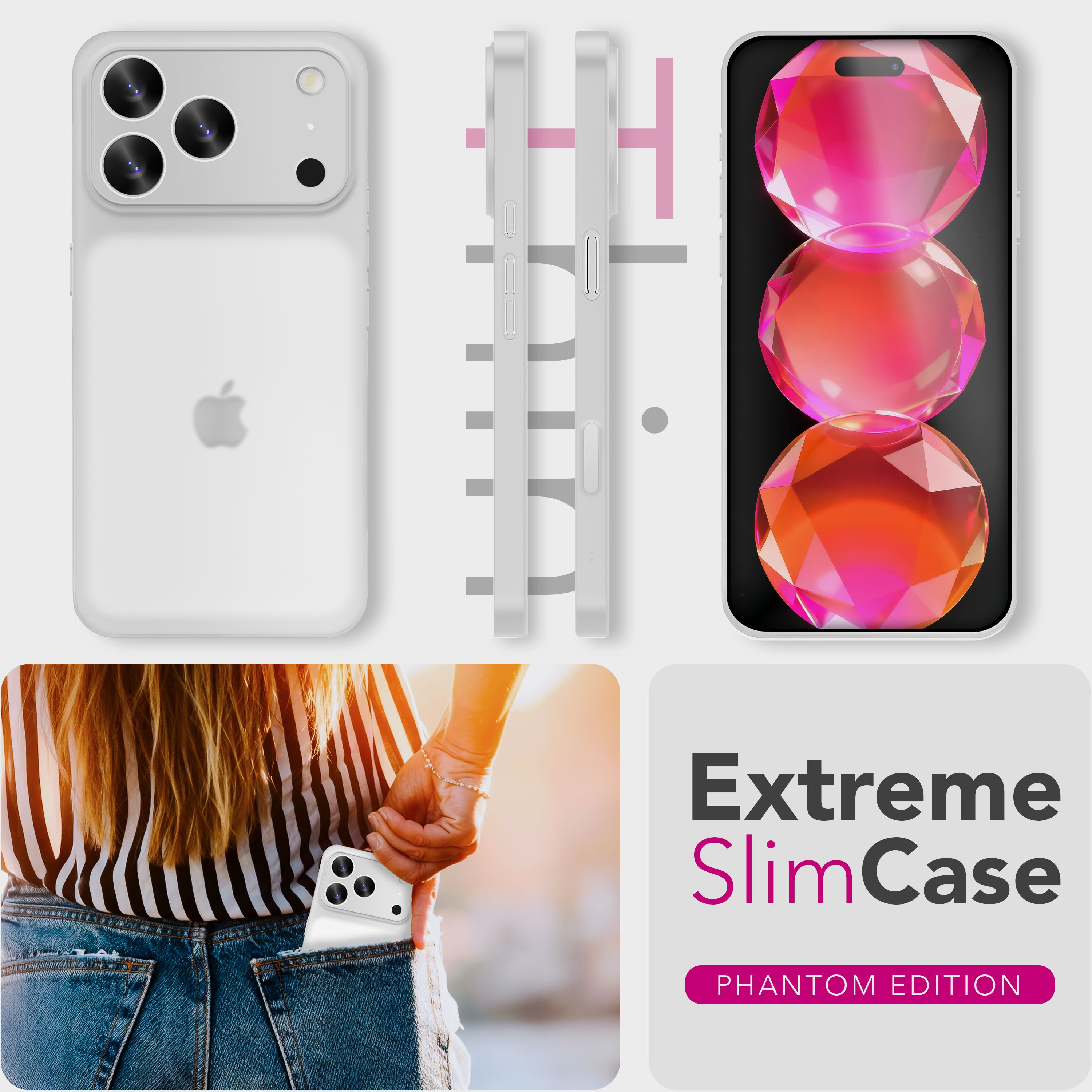 Das Bild zeigt eine weiße Handyhülle, ein Telefon mit Edelstein-Design und eine Person mit einem Telefon in der Tasche.