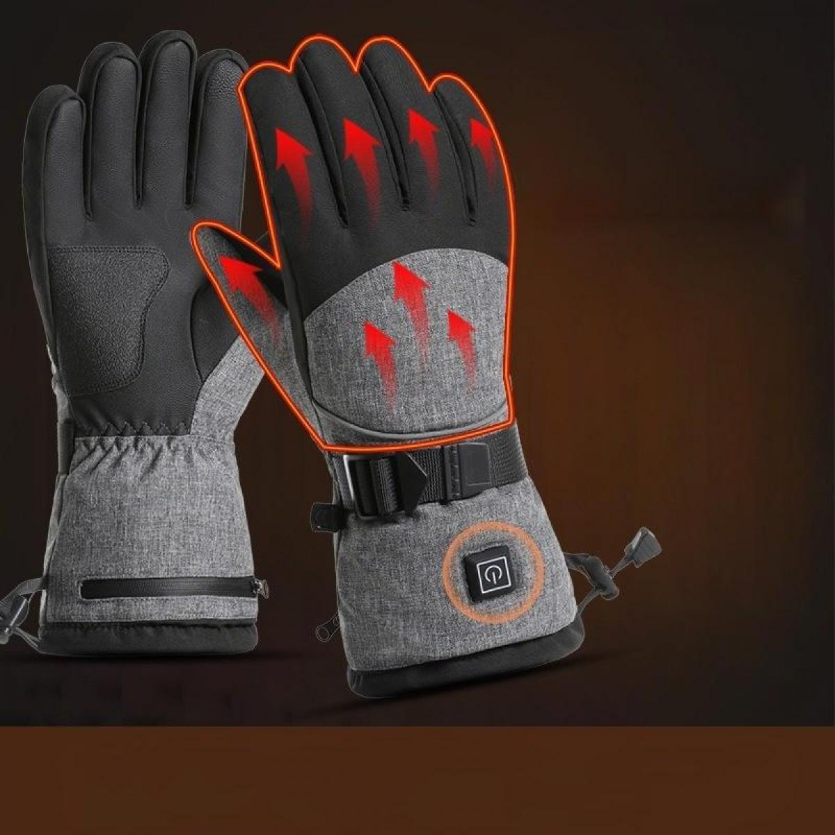 Paar grauer und schwarzer beheizter Handschuhe. Rote Pfeile zeigen den Wärmefluss an. Auf einem Handschuh ist ein Ein-Aus-Schalter zu sehen.