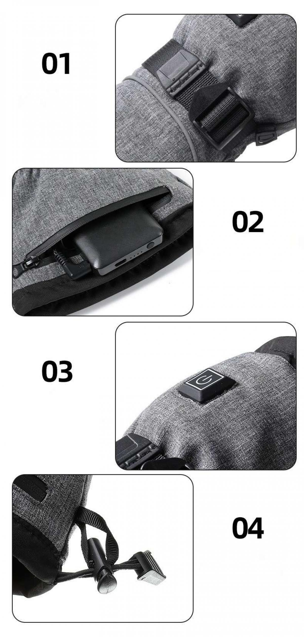 Ein grauer beheizter Handschuh mit mehreren Details: ein Spanngurt, eine Tasche mit einer Powerbank und ein Einschaltknopf.