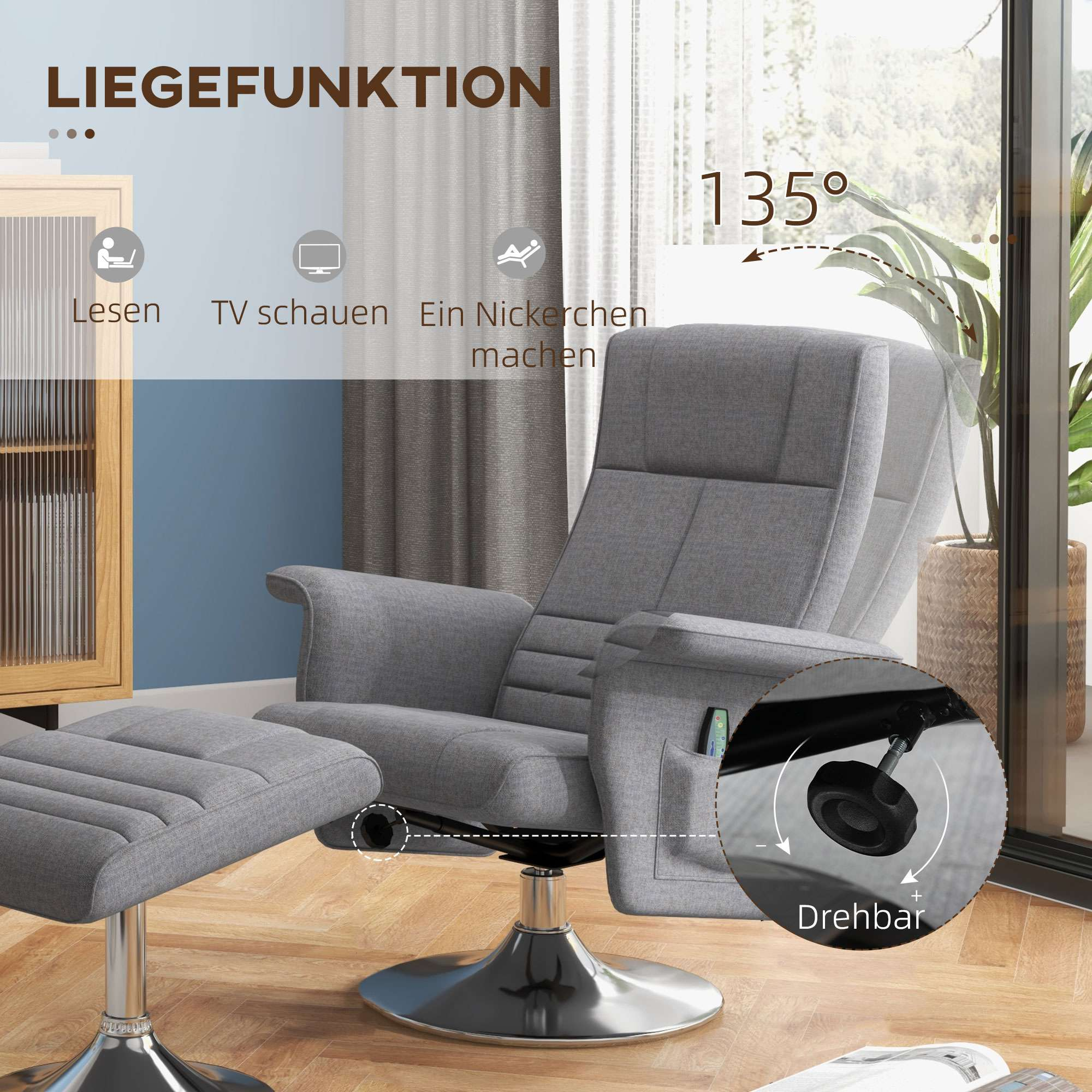 Grauer Relaxsessel und Hocker. Der Stuhl ist abgewinkelt, mit Gradangabe. Der Hintergrund zeigt ein Fenster und einen Schrank.