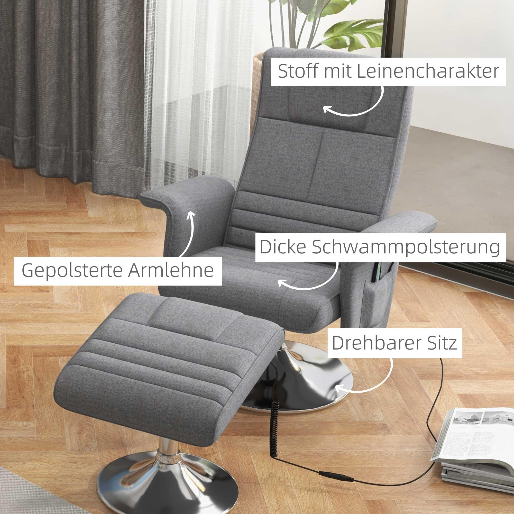Ein grauer Sessel mit Fußstütze auf Holzboden. Der Stuhl hat gepolsterte Armlehnen und ein Drehgestell.