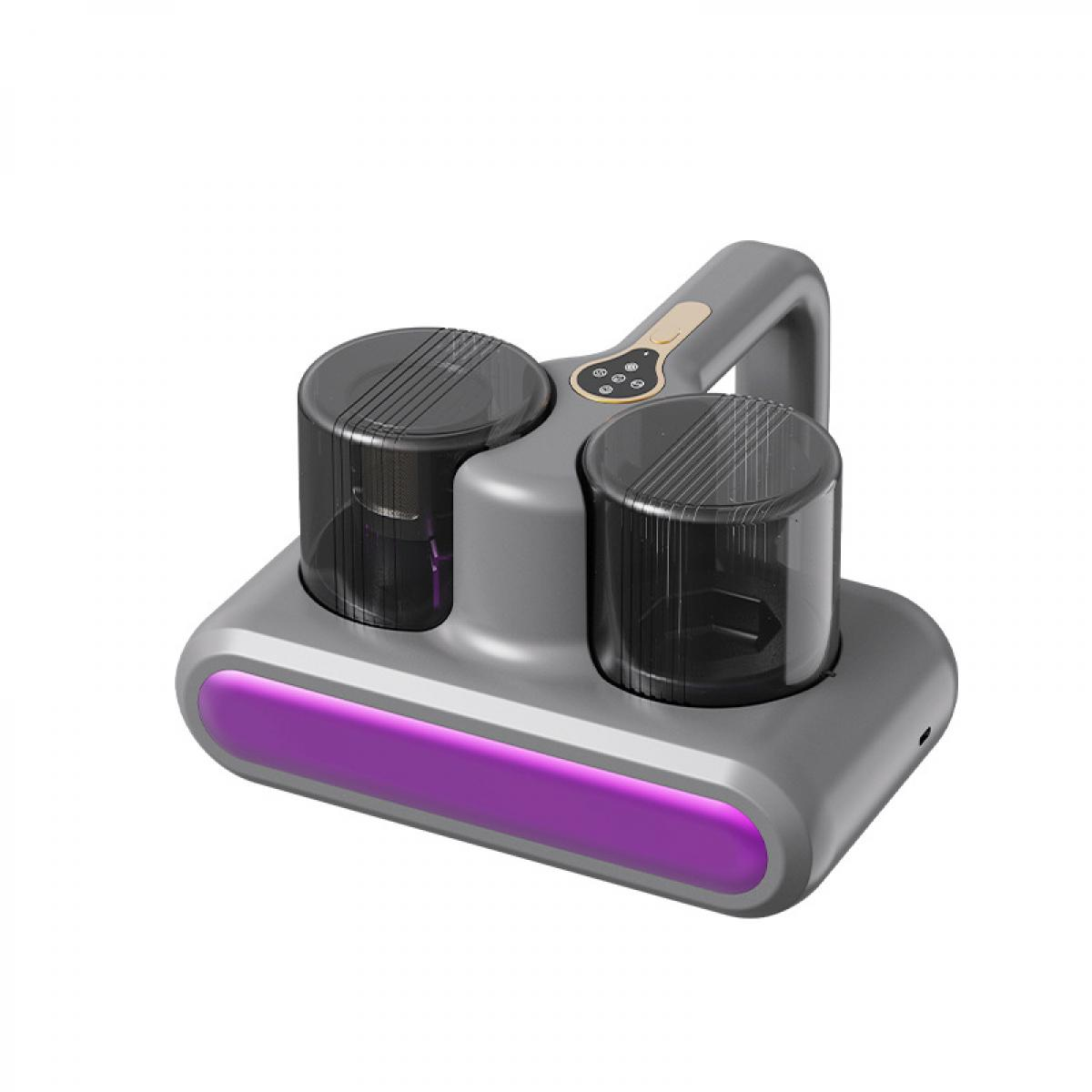 Ein grauer und violetter Staubsauger mit zwei schwarzen Behältern und einem Griff. Die Basis hat einen violetten Streifen.