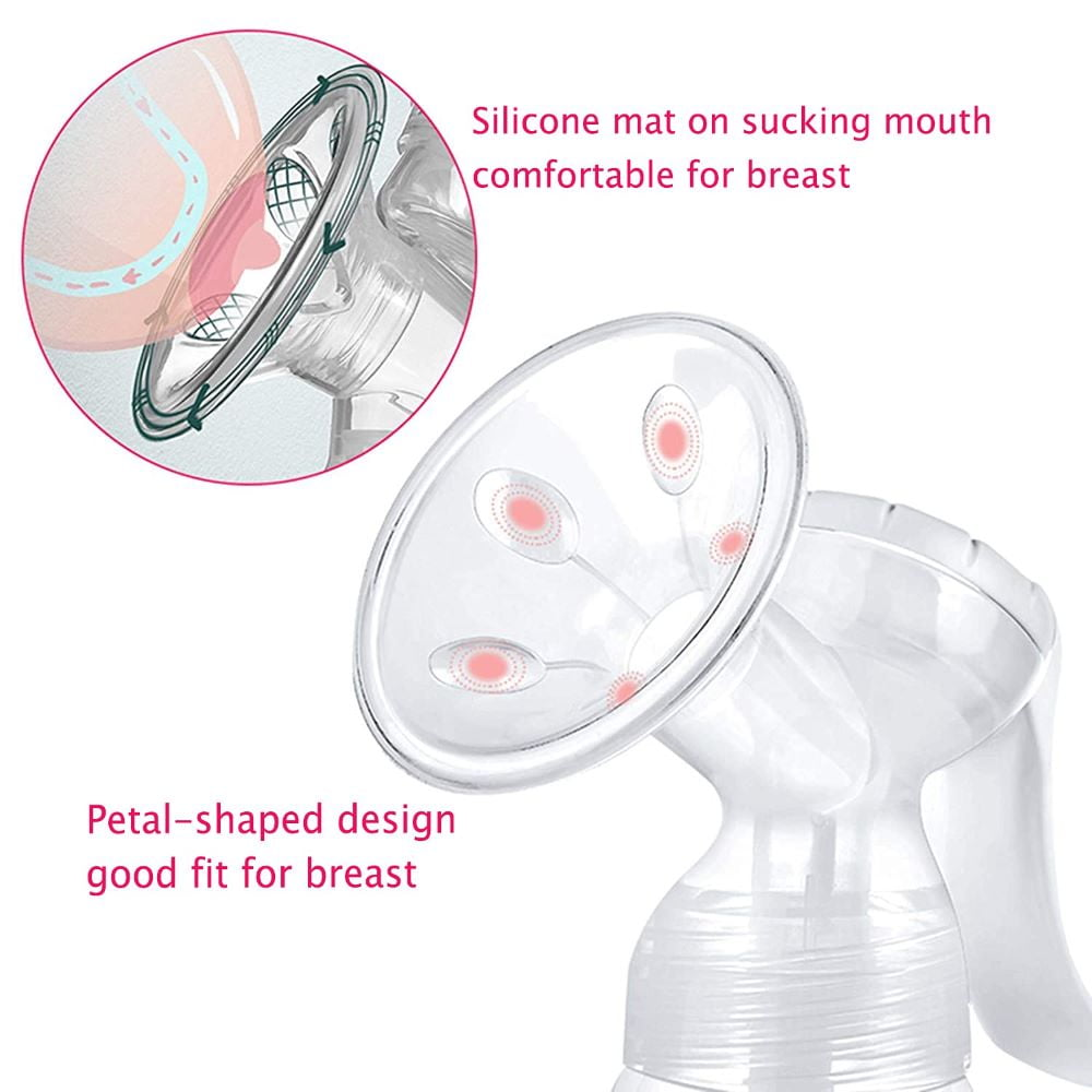 Brustpumpe mit blütenförmigem Design und Silikonmatte. Merkmale sind ein klarer Saugnapf mit rosa Akzenten und ein weißer Griff.