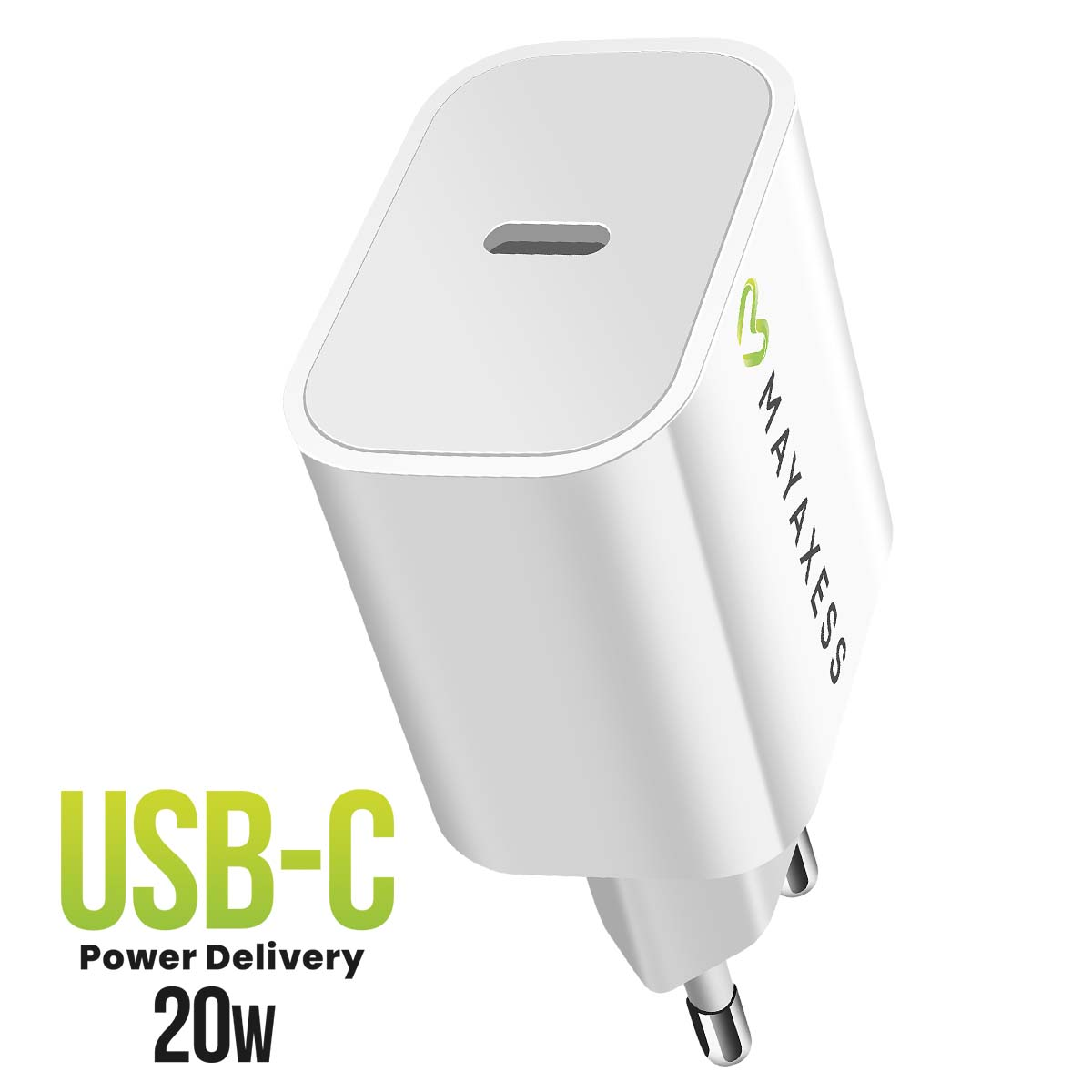 Un adattatore di alimentazione USB-C bianco con testo 'MAYAXESS' e 'USB-C Power Delivery 20W'. L'adattatore ha tre spine.