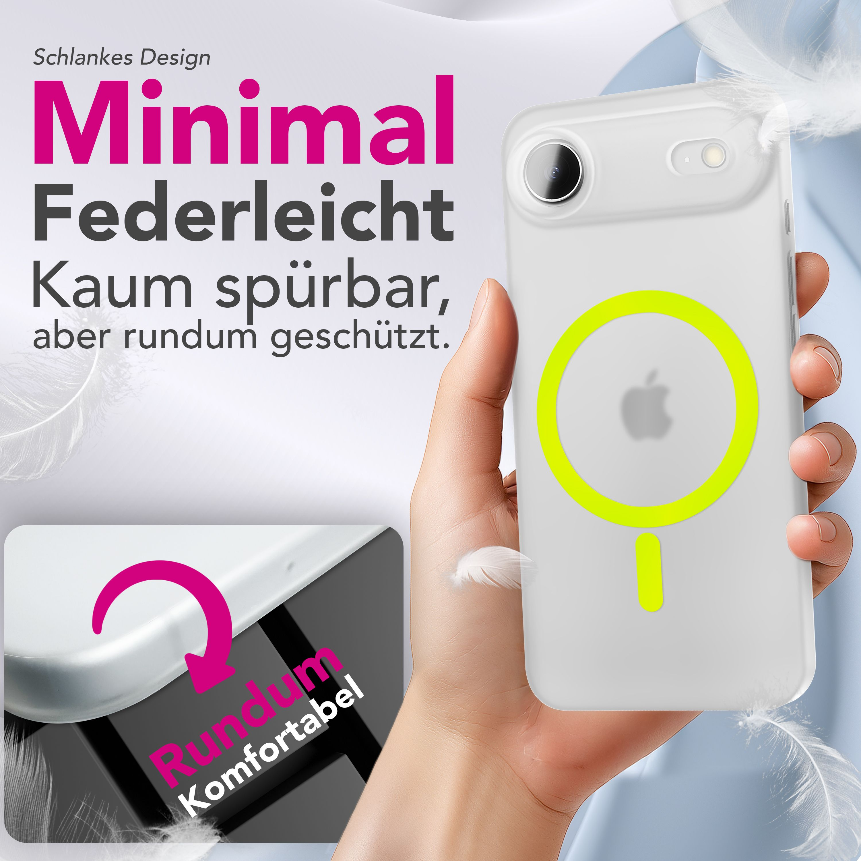 Eine Hand hält eine weiße Handyhülle mit einem neongelben Kreis und Apple-Logo, Federn und deutscher Text im Hintergrund.