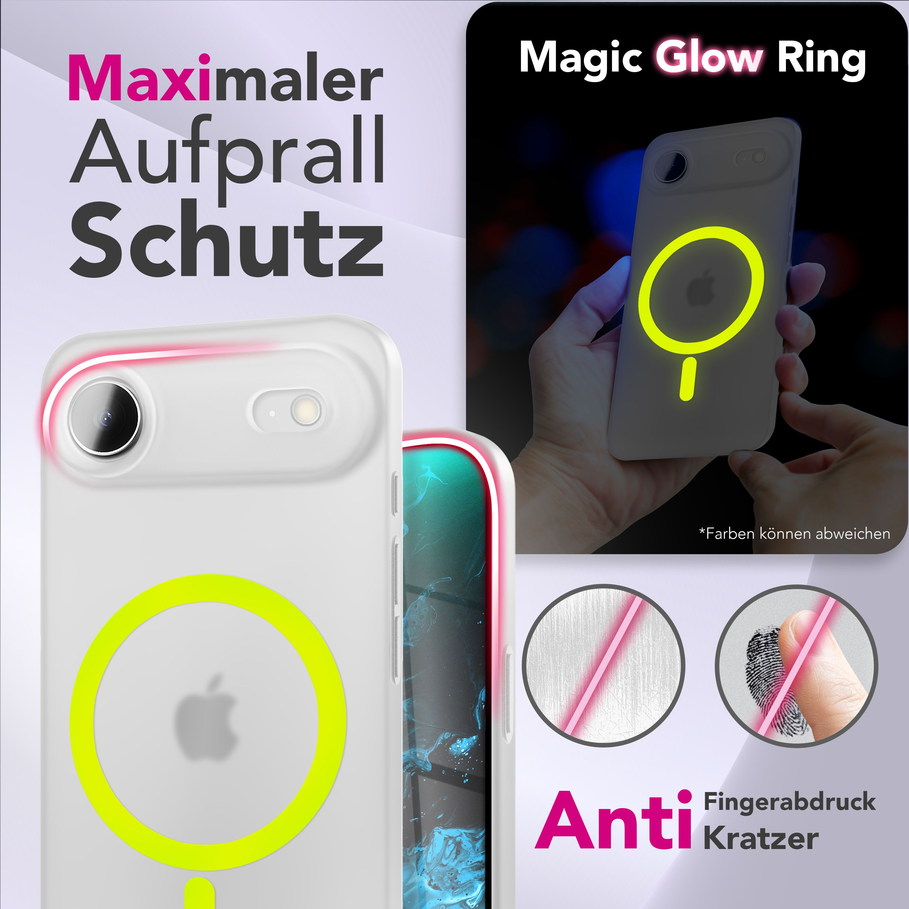 Handyhülle mit leuchtendem Ring, Apple-Logo und Anti-Kratz-Funktionen. Text: Maximaler Aufprall Schutz, Anti Fingerabdruck Kratzer.