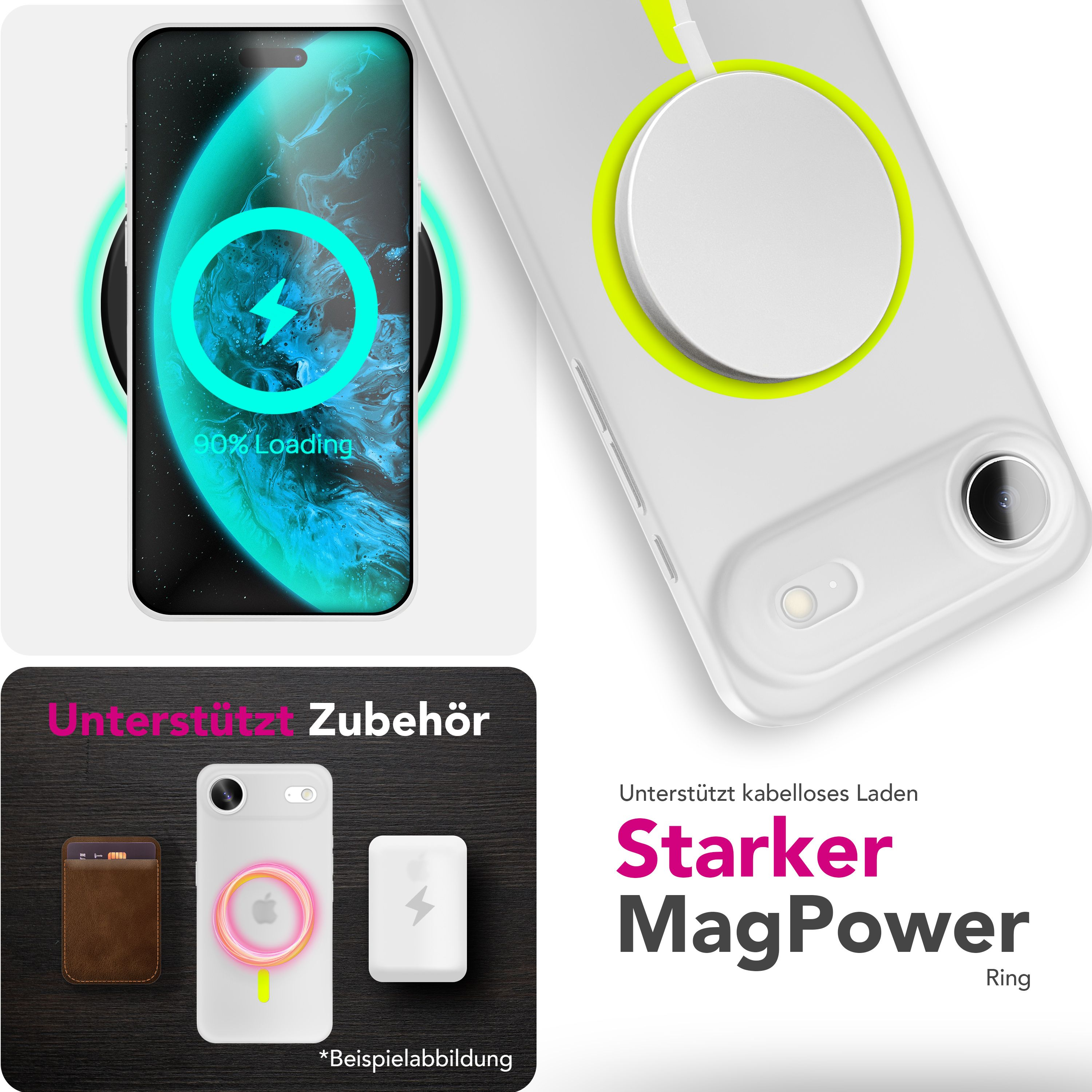 Das Bild zeigt ein kabelloses Aufladen des Telefons. Eine Handyhülle mit MagSafe-Ring wird angezeigt, mit Text zu Zubehör.