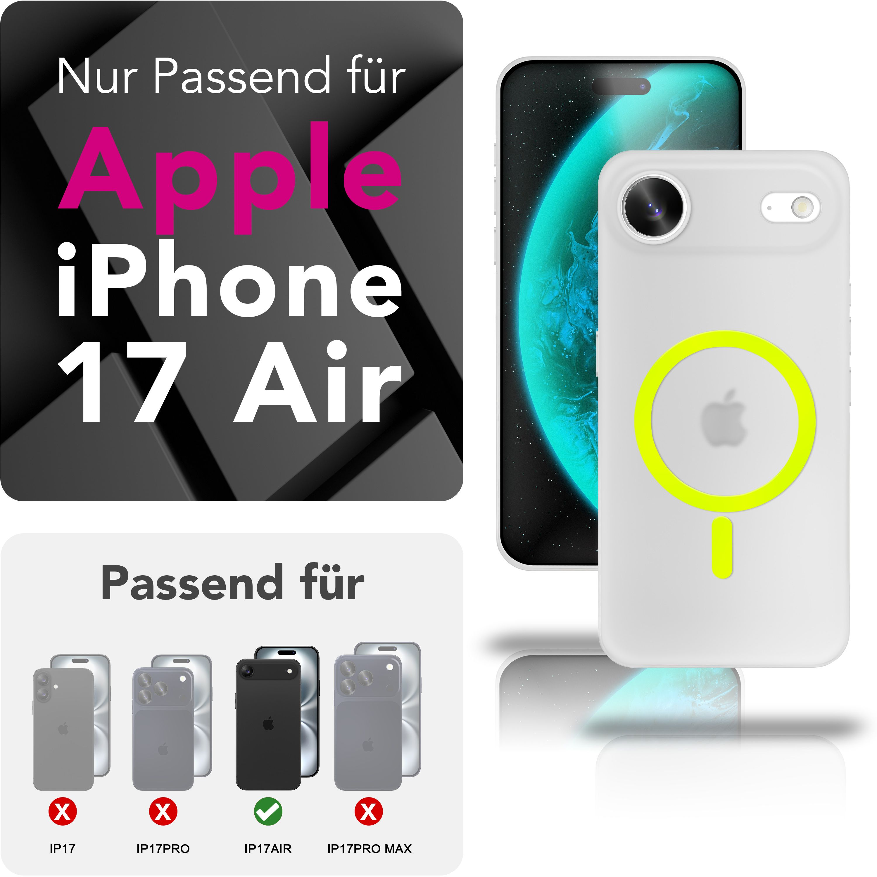 Das Bild zeigt ein iPhone und eine Hülle. Text weist auf Kompatibilität für iPhone 17 Air hin.