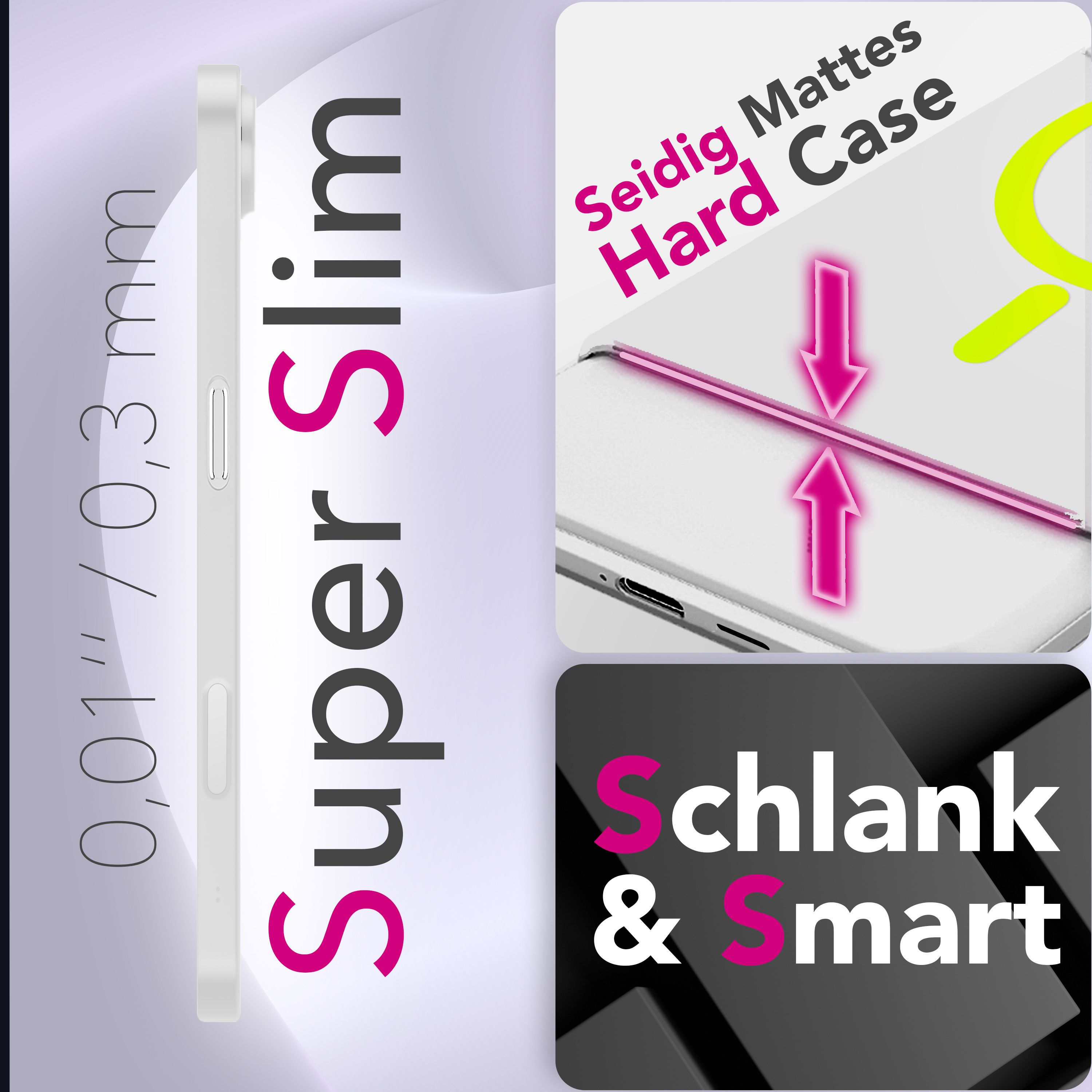 Eine weiße Handyhülle mit Text 'Super Slim' und 'Seidig mattes Hard Case'. Text 'Schlank & Smart' ist ebenfalls vorhanden.