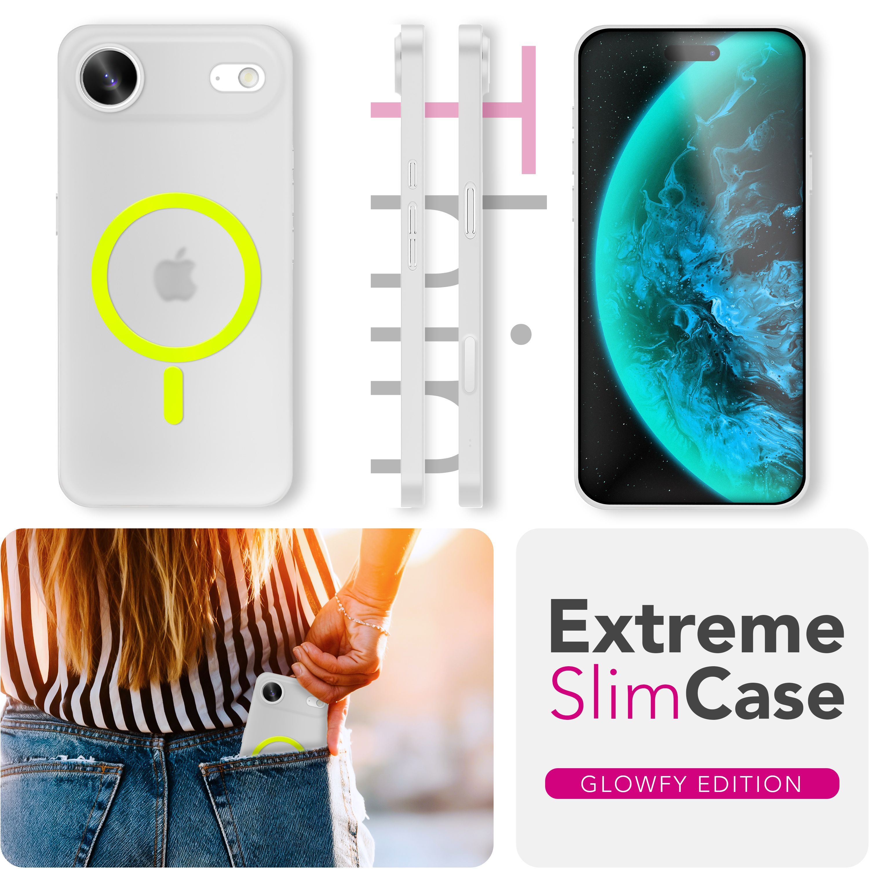 Weiße Handyhülle mit grünen Akzenten und ein Telefon mit blauem Planeten-Hintergrund. Eine Hand in der Hosentasche.