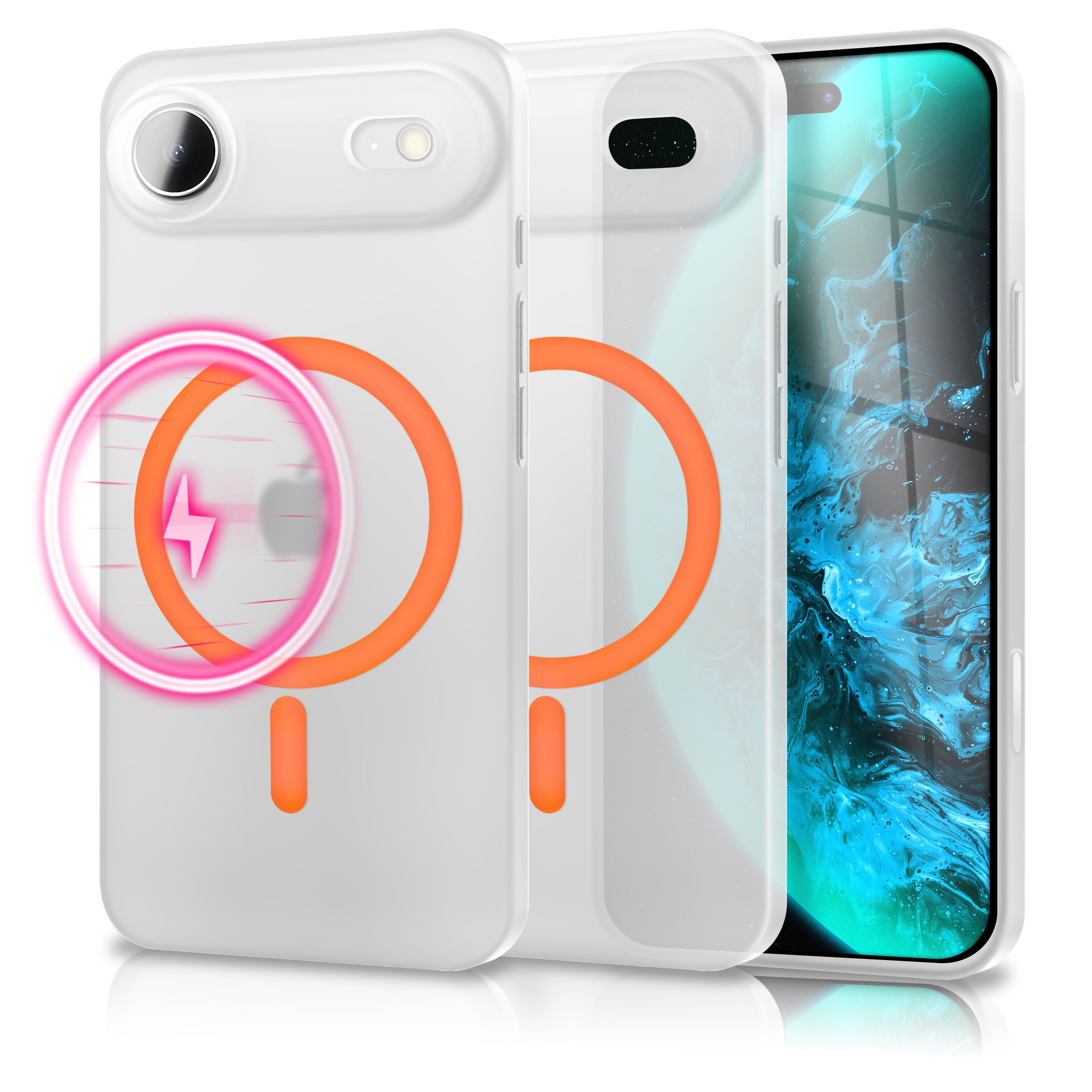 Drei weiße Handyhüllen mit orangefarbenen Kreisen und ein Handy-Bildschirm mit blauem und grünem Muster. Eines hat ein Lade-Logo.