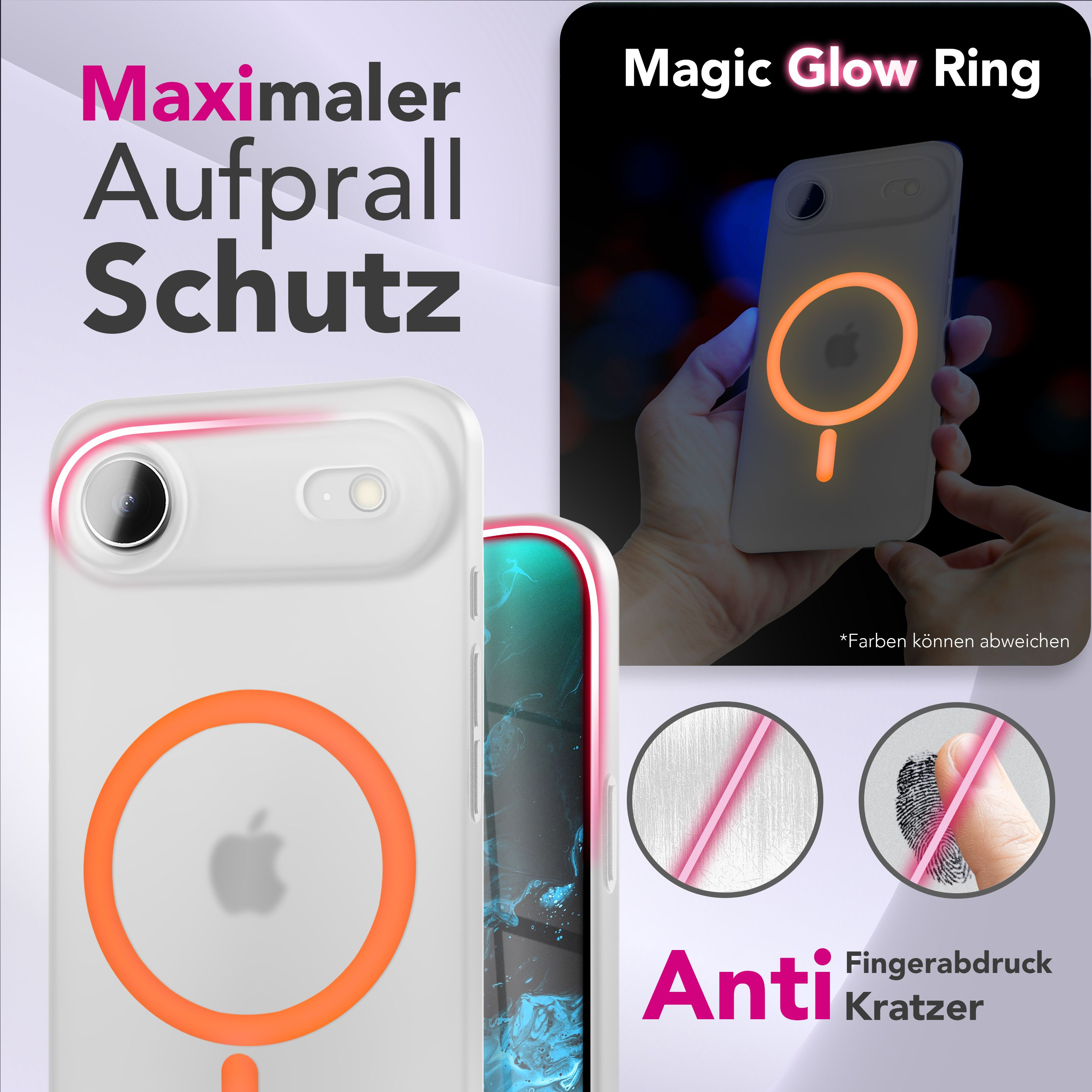 Das Bild zeigt eine Handyhülle mit einem orange leuchtenden Ring, mit dem Text 'Magic Glow Ring' und 'Anti Fingerabdruck Kratzer'.