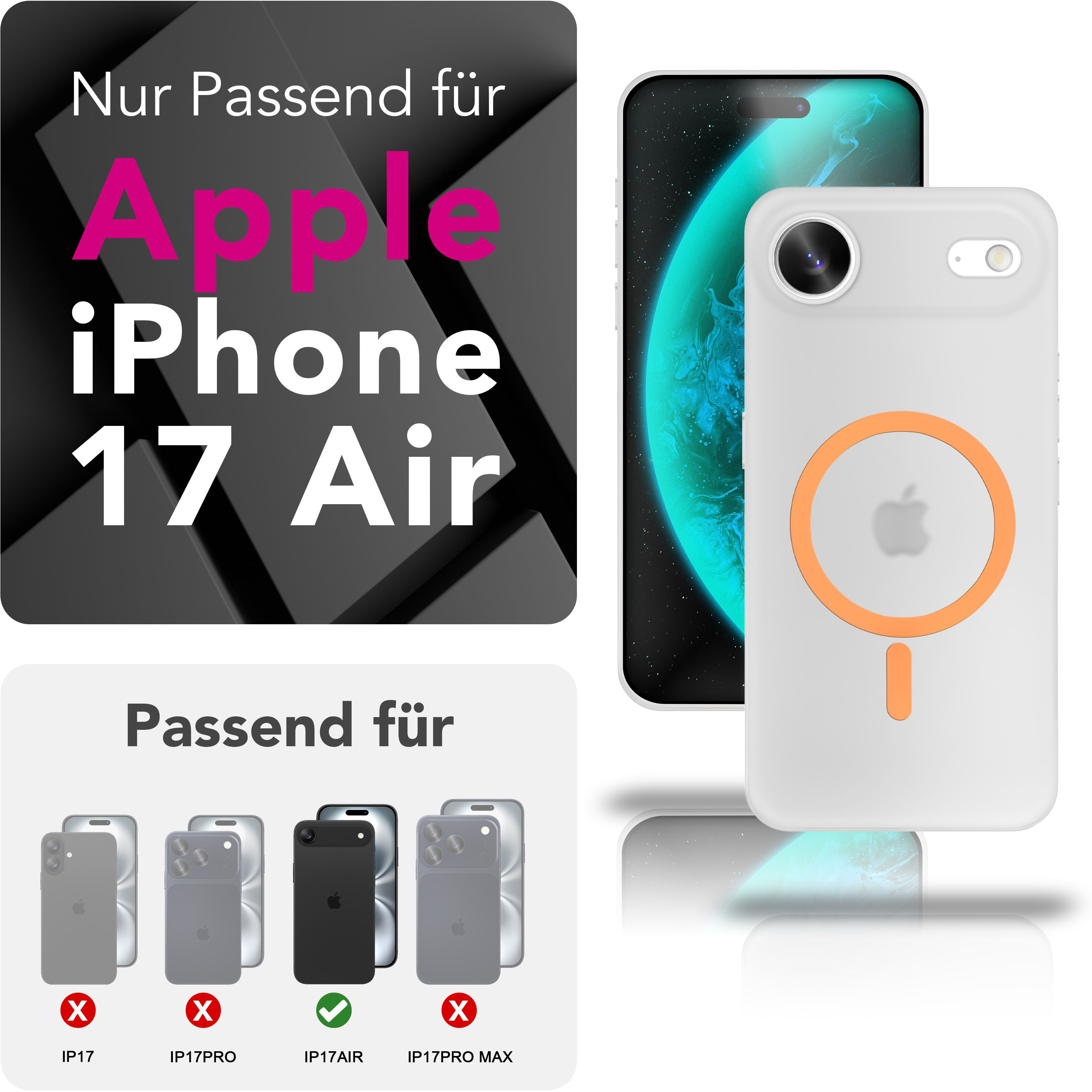 Das Bild zeigt eine weiße iPhone-Hülle mit einem orangefarbenen Kreis und einem Telefon. Der Text lautet 'Apple iPhone 17 Air'.