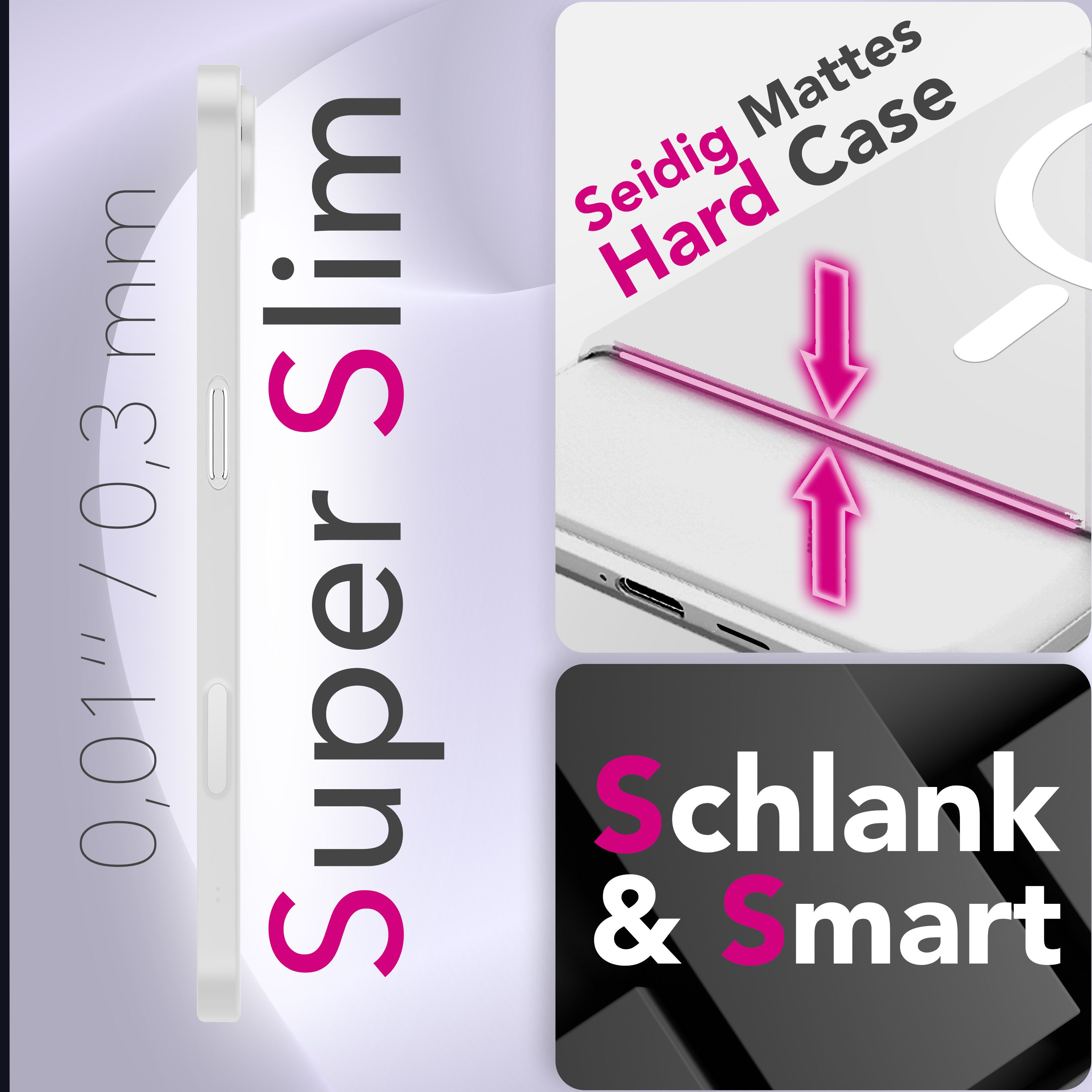 Eine weiße Handyhülle mit rosa Akzenten. Text: Super Slim, Seidig Mattes Hard Case, Schlank & Smart.