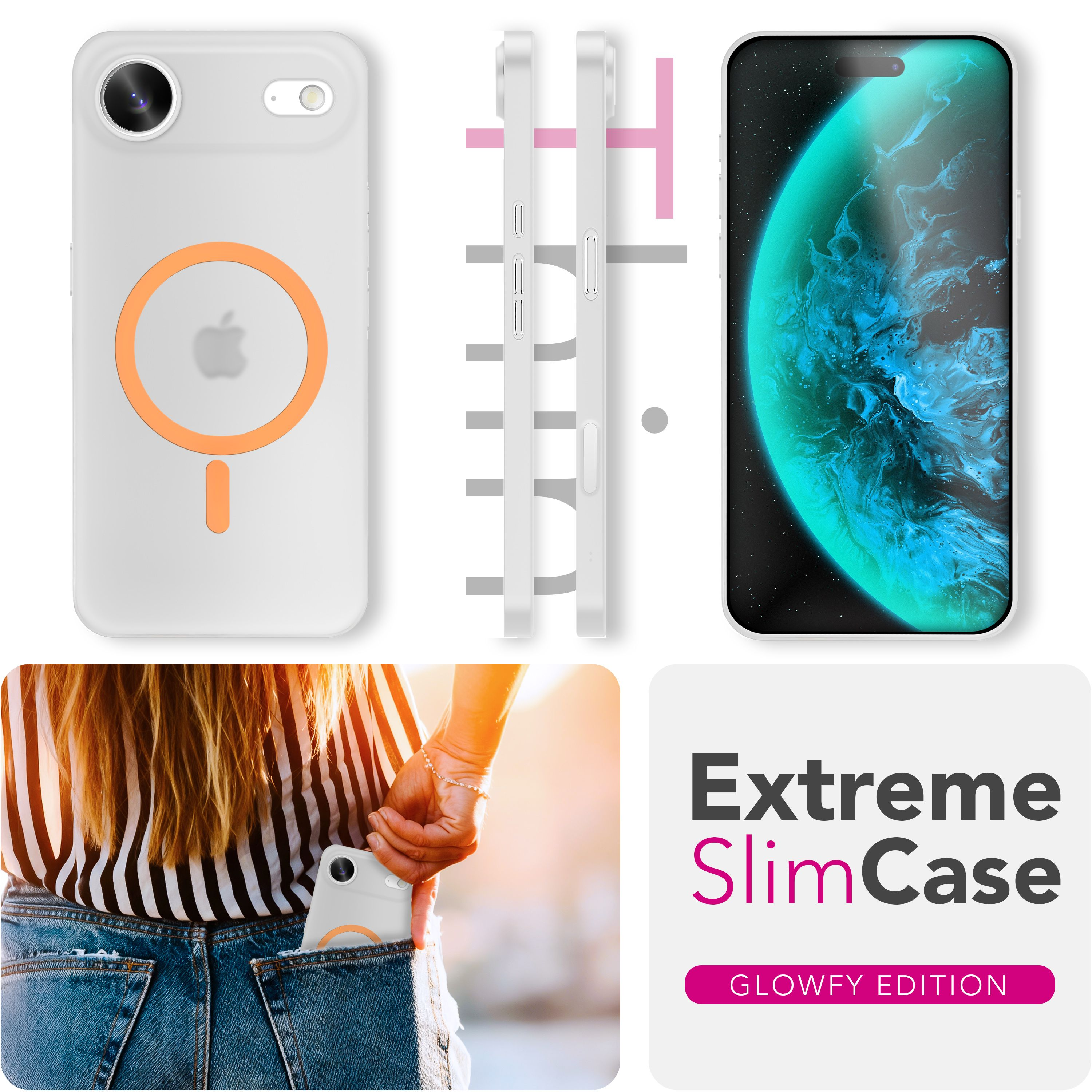 Das Bild zeigt Handyhüllen und eine Person mit einem Telefon in der Tasche. Das Case hat einen orangefarbenen Ring und ein Apple-Logo.