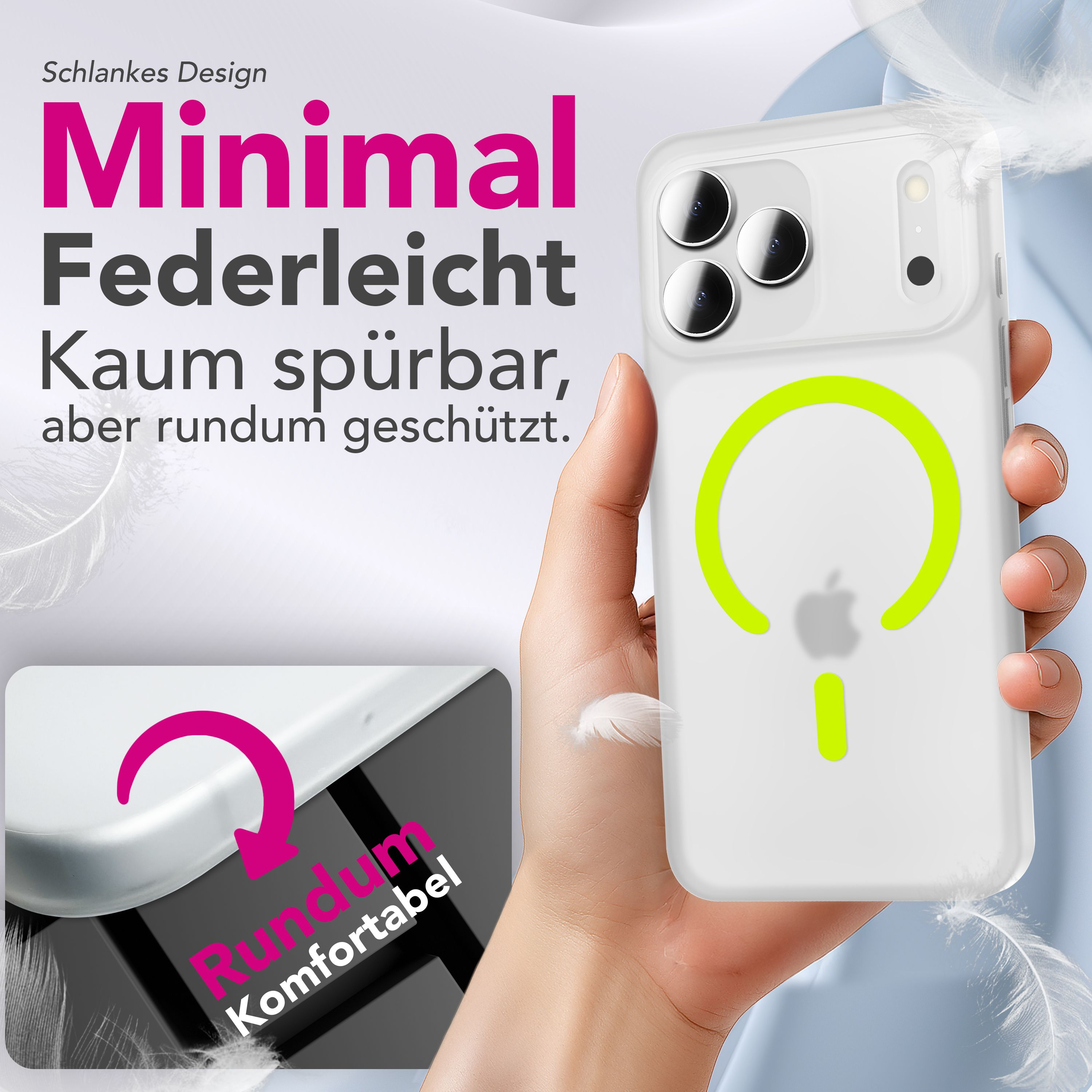 Eine Hand, die eine weiße Handyhülle mit grünem Umriss hält. Text: Minimal, federleicht, kaum spürbar, aber rundum geschützt.
