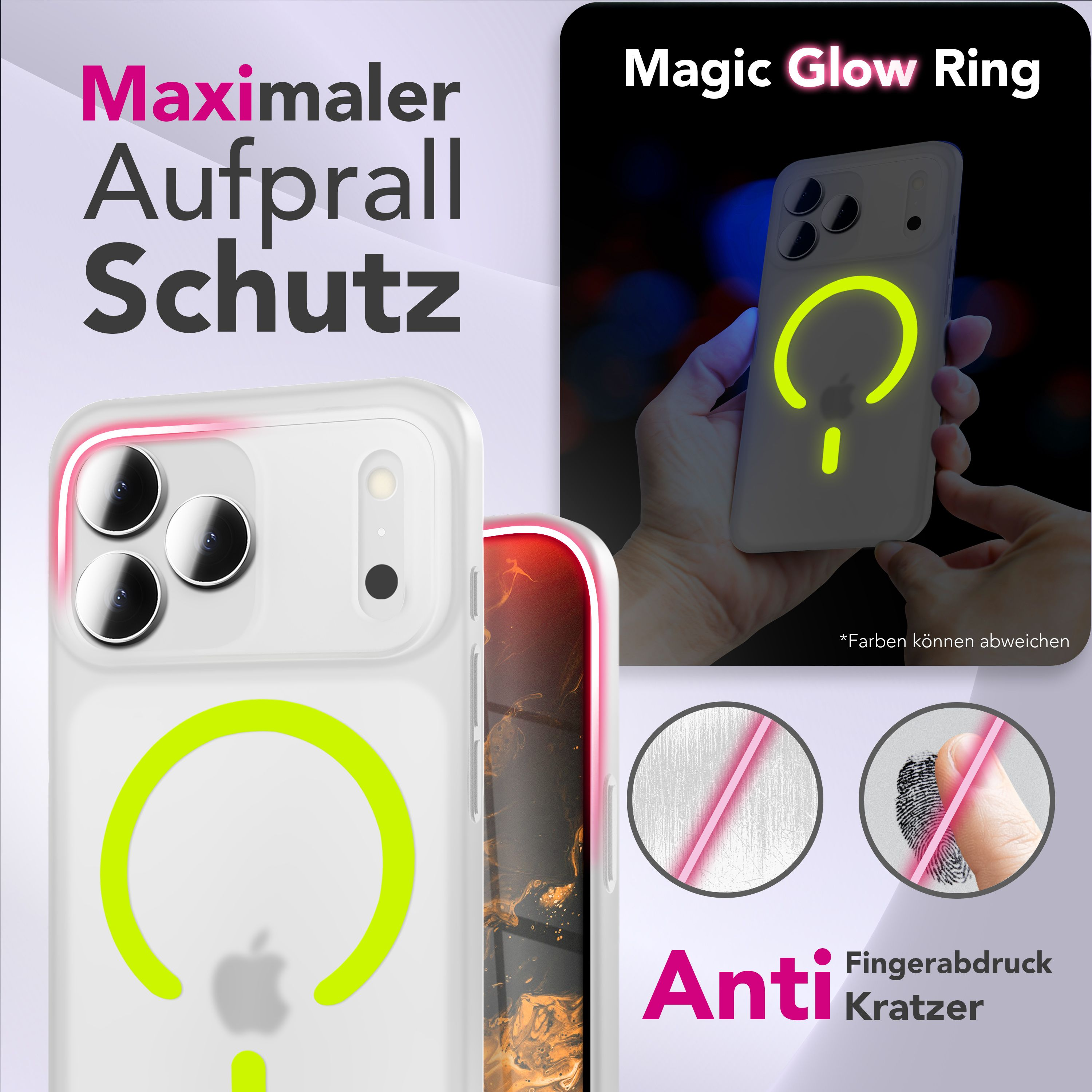 Eine Telefonhülle mit leuchtendem Ring. Text: Maximaler Aufprall Schutz, Magic Glow Ring, Anti Fingerabdruck Kratzer.