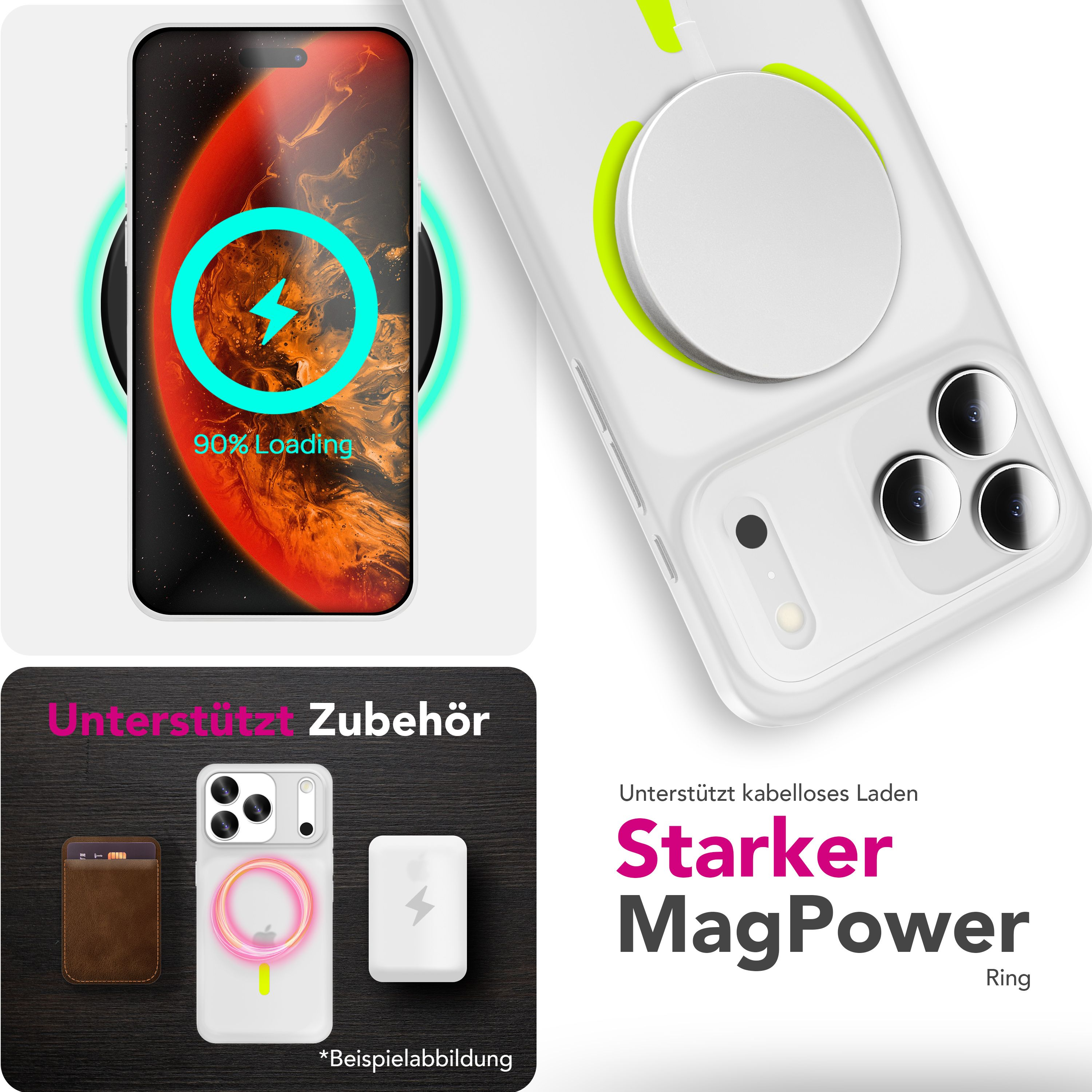 Das Bild zeigt ein kabelloses Laden des Telefons. Eine Handyhülle mit MagSafe-Ring ist sichtbar, mit Text, der MagPower-Funktionen hervorhebt.