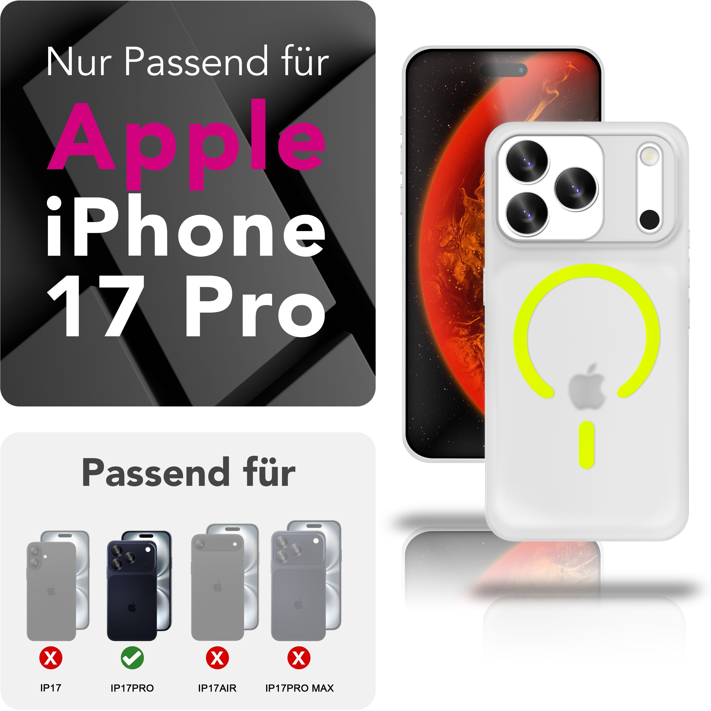 Das Bild zeigt ein iPhone 17 Pro und eine Hülle. Text weist darauf hin, dass es für Apple ist. Andere Telefone sind mit roten X's versehen, nur IP17PRO ist grün.