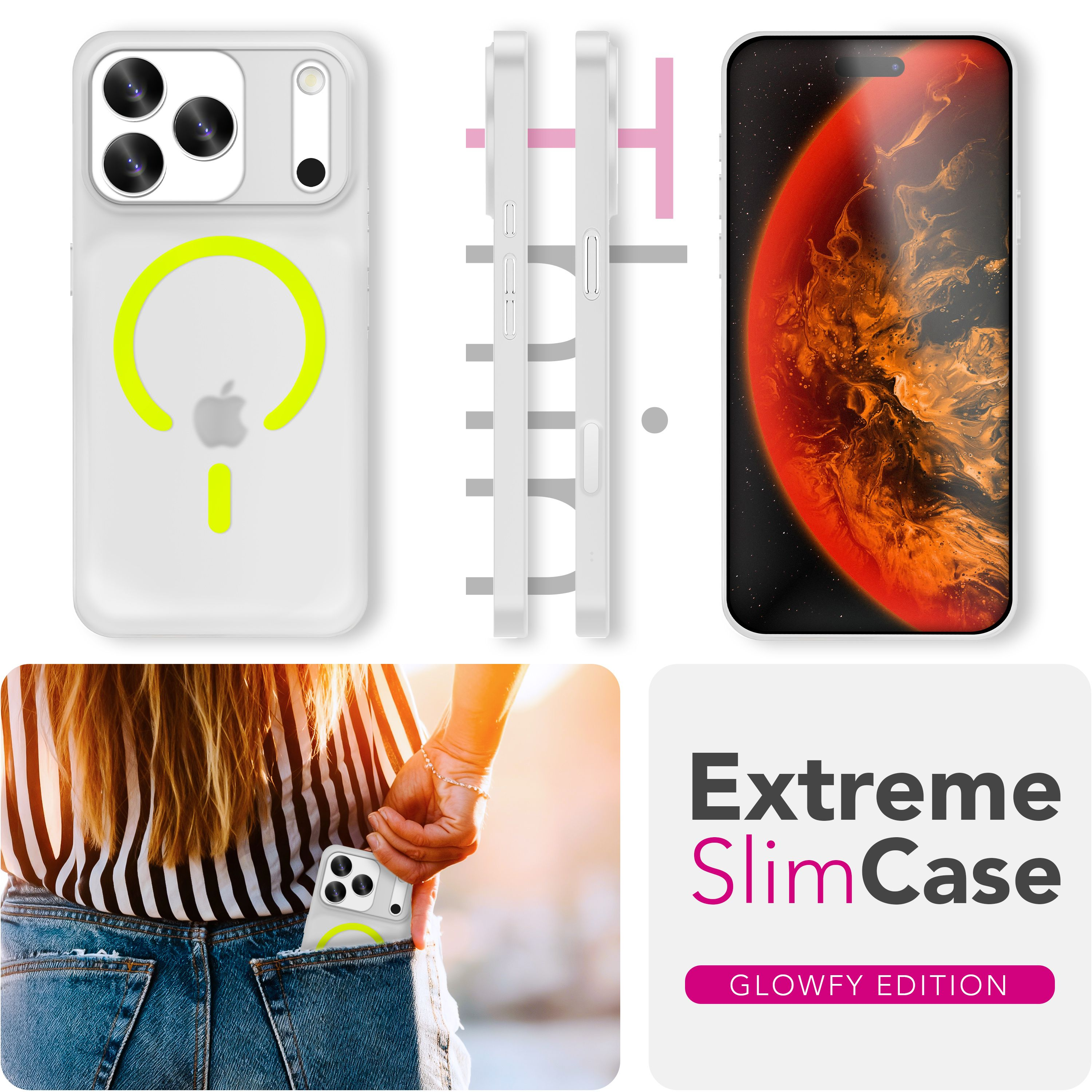 Das Bild zeigt Handyhüllen, ein Telefon und eine Person mit einem Telefon in der Tasche. Die Hüllen sind weiß mit Neonakzenten.