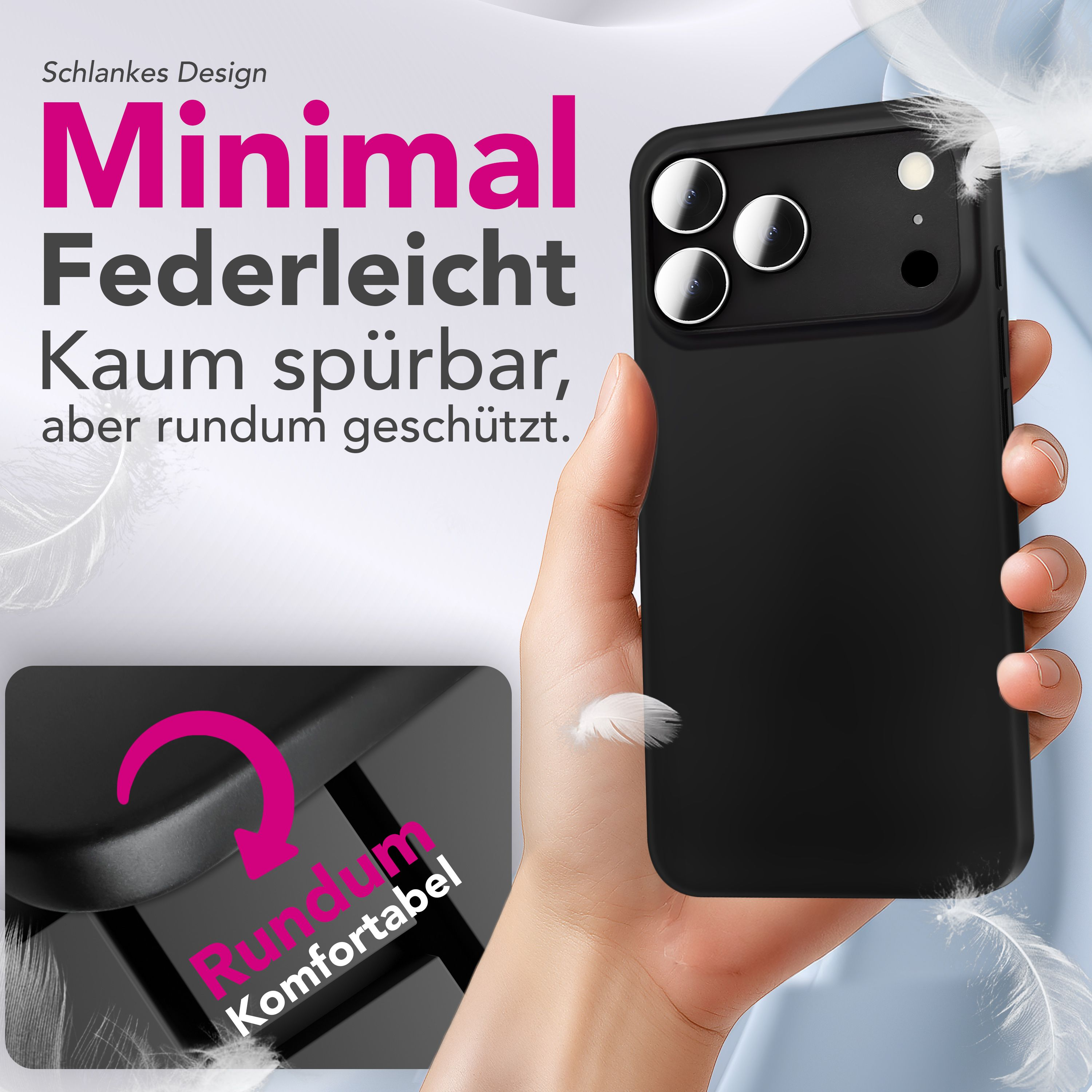 Hand hält eine schwarze Handyhülle. Text sagt 'Minimal' und 'Federleicht'. Weiße Federn schweben herum. Die Hülle befindet sich neben einem blauen Tuch.