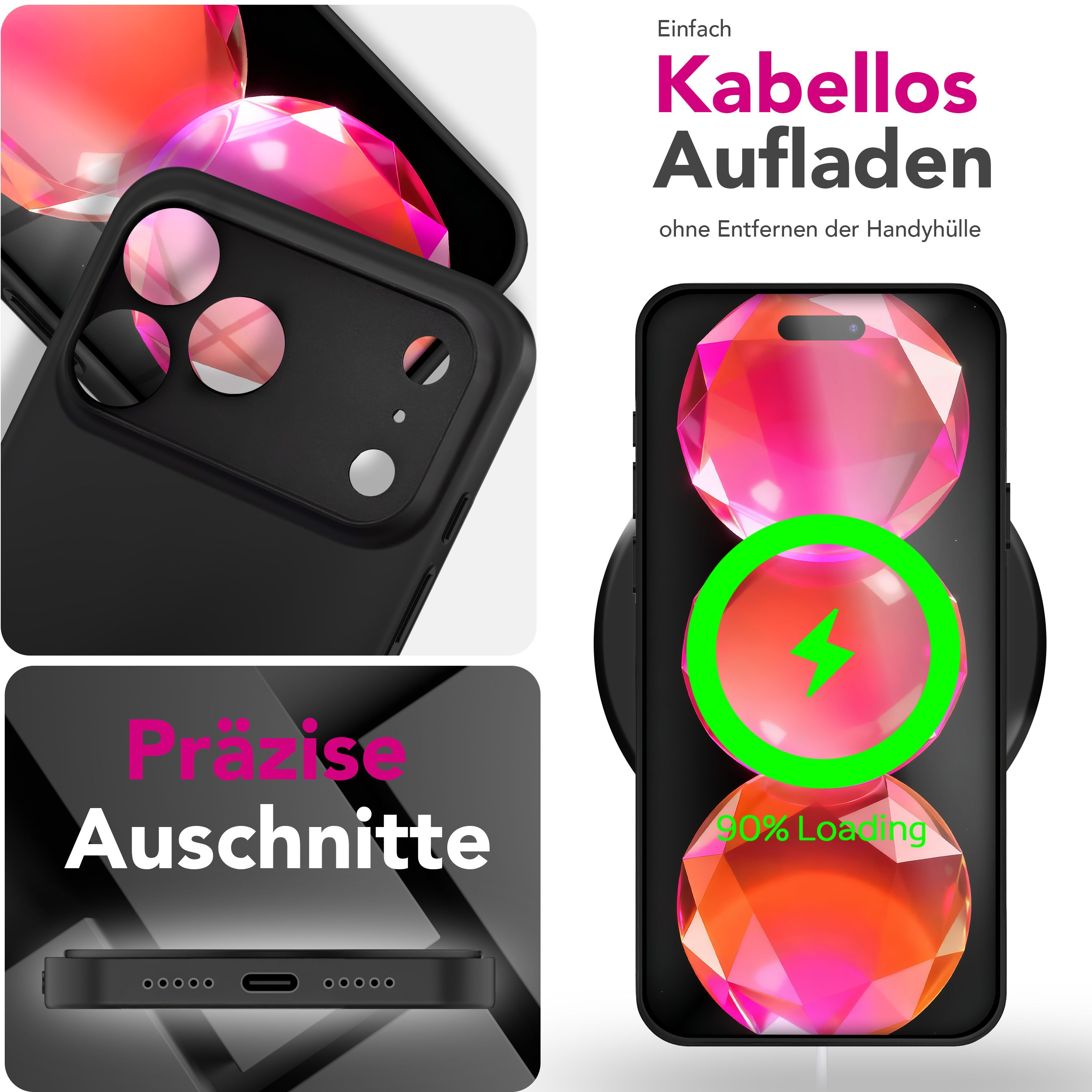 Schwarze Handyhülle mit kabellosem Laden. Der Bildschirm zeigt ein Ladesymbol. Text: Kabellos Aufladen.