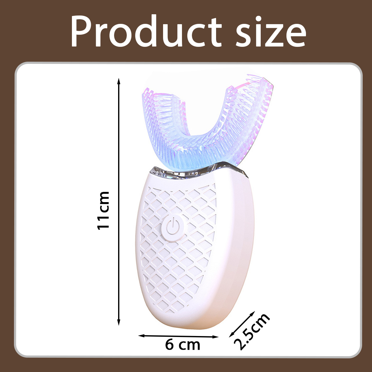 Eine weiße U-förmige Zahnbürste mit angegebenen Abmessungen. Das Produkt ist 11 cm hoch, 6 cm breit und 2,5 cm dick.