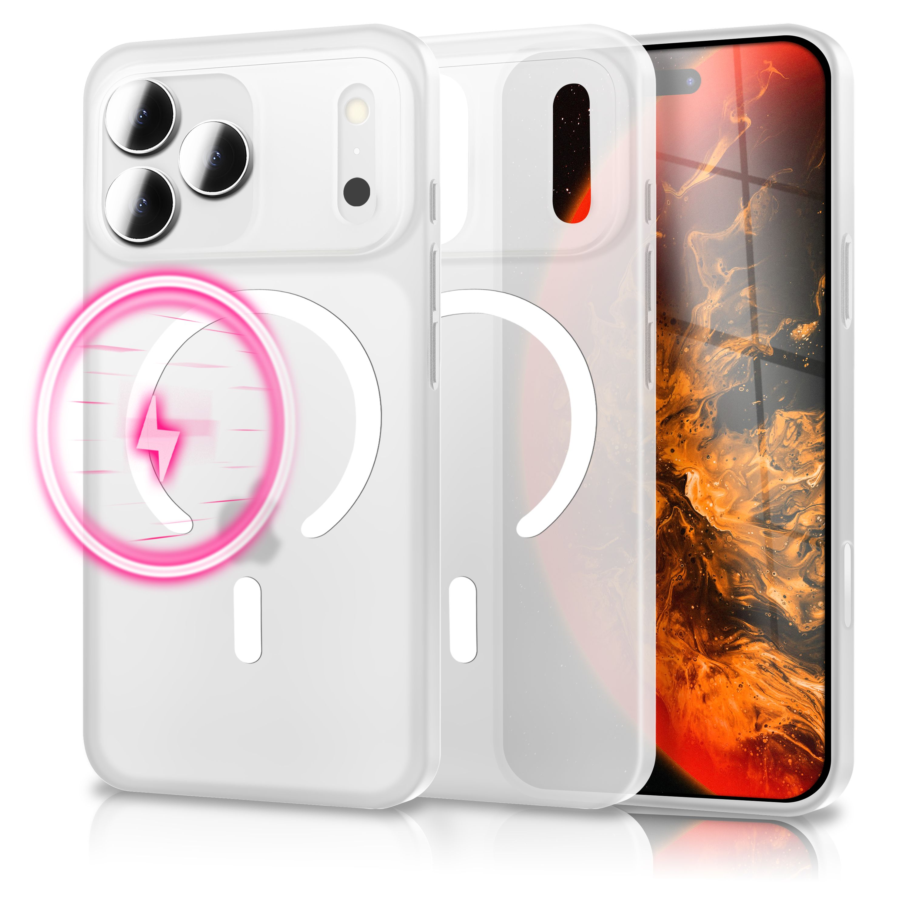 Weißes Handycase mit drei Kameralinsen, einem rosa Ladesymbol und einem bunten Handybildschirm.