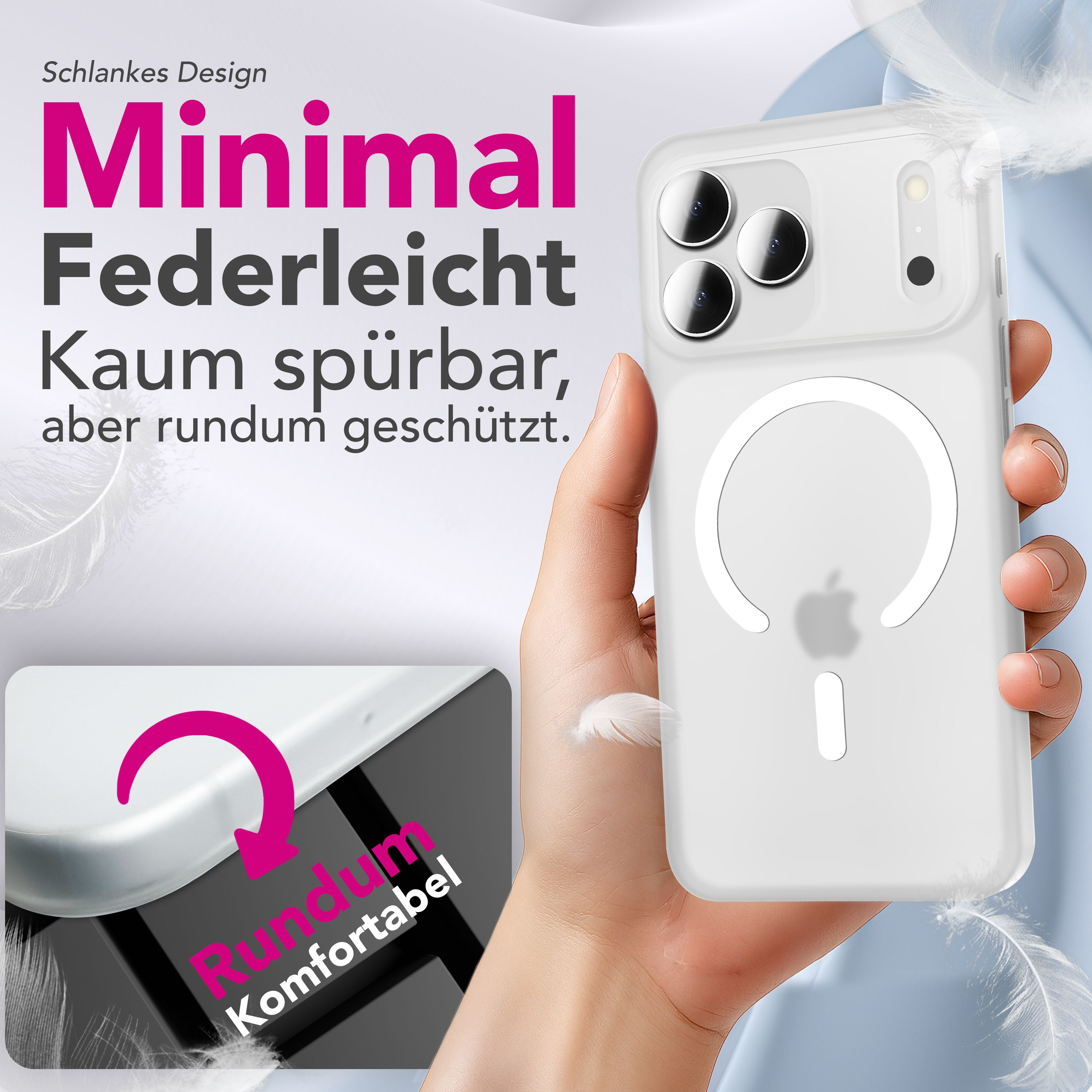 Eine Hand hält eine Handyhülle mit einer Feder. Text: Minimal Federleicht, kaum spürbar, aber rundum geschützt. Inset: Rundum Komfortabel.