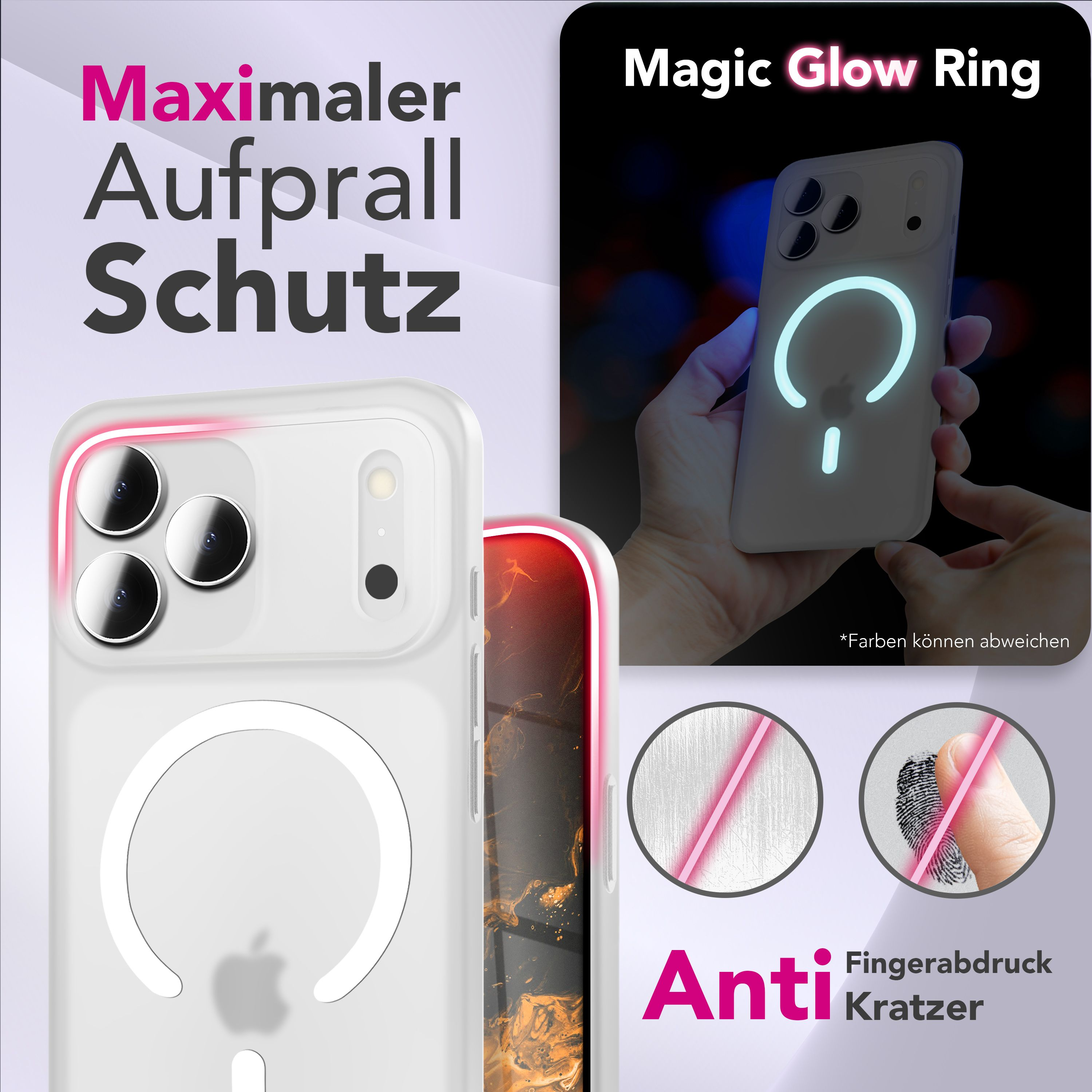 Weiße Handyhülle mit leuchtendem Ring und Apple-Logo. Text: Maximaler Aufprall Schutz, Magic Glow Ring, Anti Fingerabdruck Kratzer.